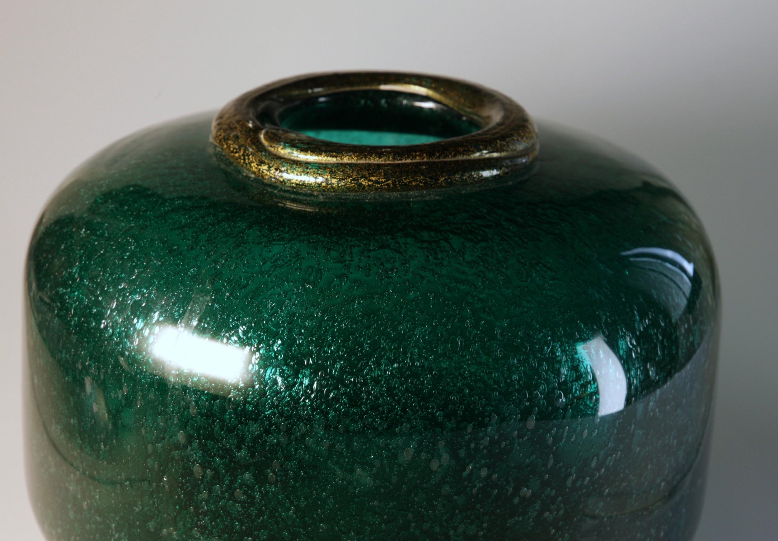 Seguso for Bisazza Emerald Murano Pulegoso Vase Gold Leaf Rim, 1993 Signed 12