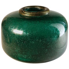 Seguso for Murano Emerald Murano Pulegoso Vase Gold Leaf Rim, 1993 Signé