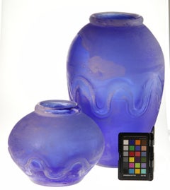 Seguso for Bisazza Pair Cobalt Scavo Corroso Murano Glass Vase 1993 Signed