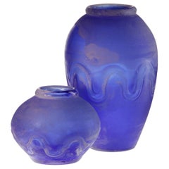 Seguso for Bisazza Pair Cobalt Scavo Corroso Murano Glass Vase 1993 Signed