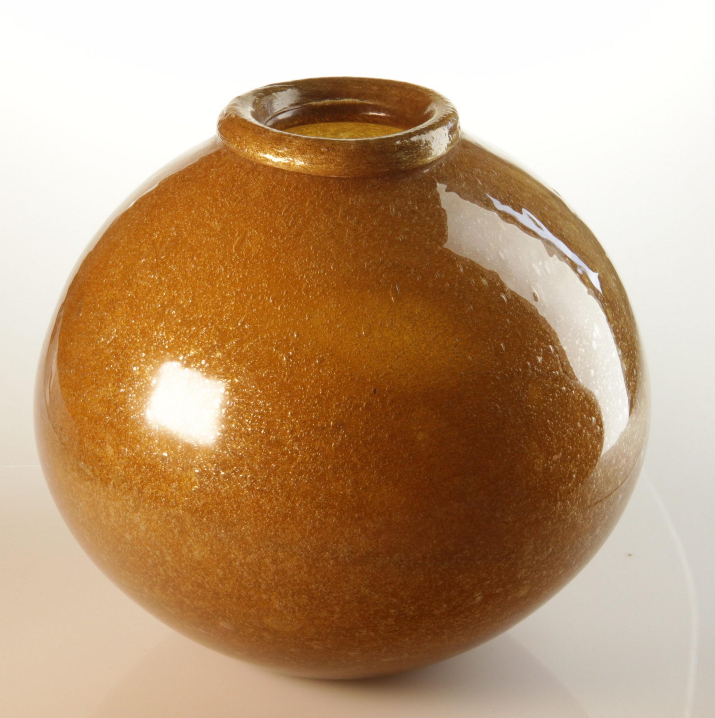 Seguso for Bisazza Pair Mustard Murano Pulegoso Vase Gold Rim, 1993 Signed For Sale 4