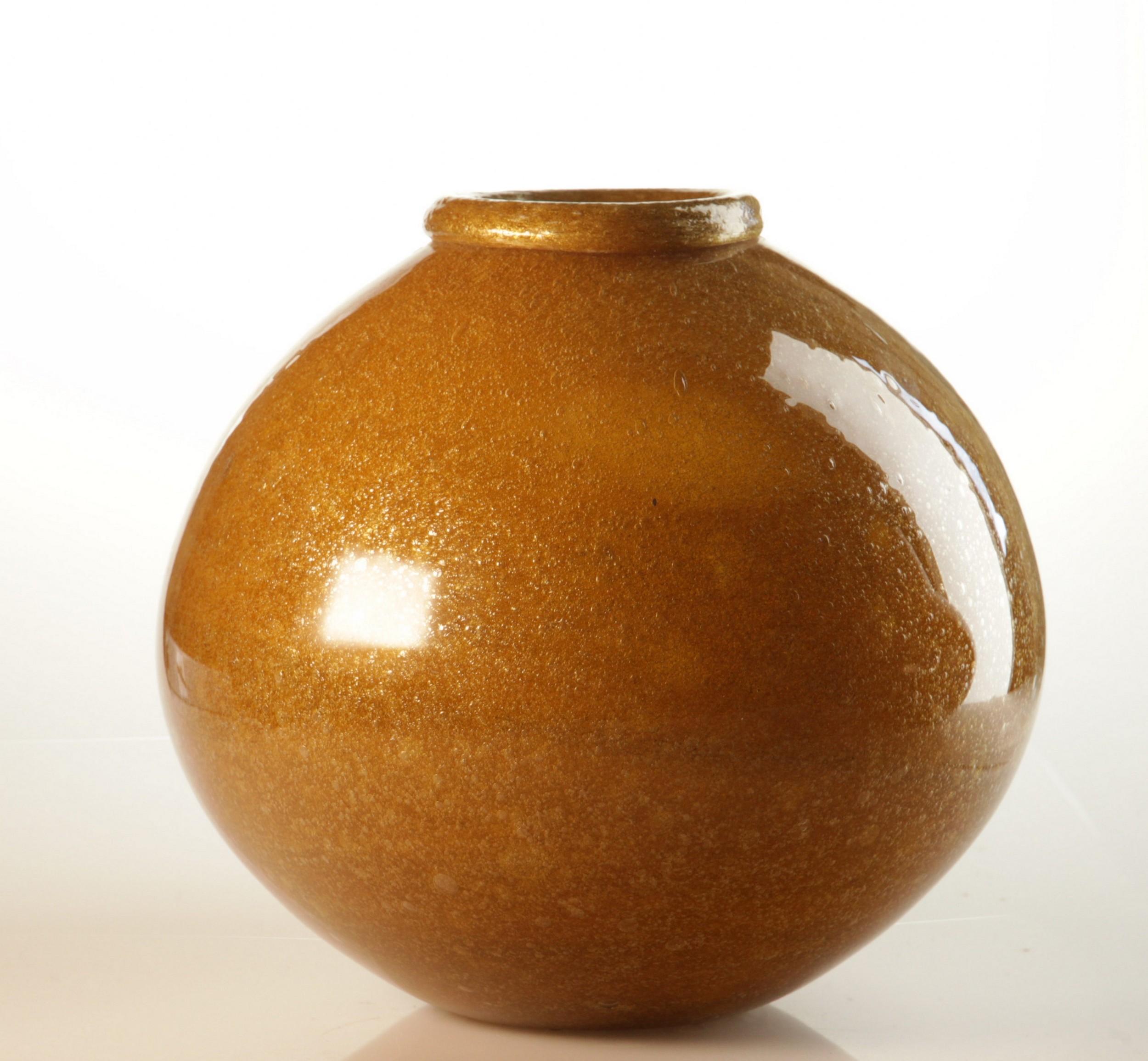 Seguso for Bisazza Pair Mustard Murano Pulegoso Vase Gold Rim, 1993 Signed For Sale 7