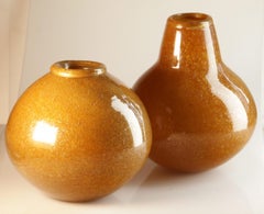 Seguso for Bisazza Pair Mustard Murano Pulegoso Vase Gold Rim, 1993 Signed