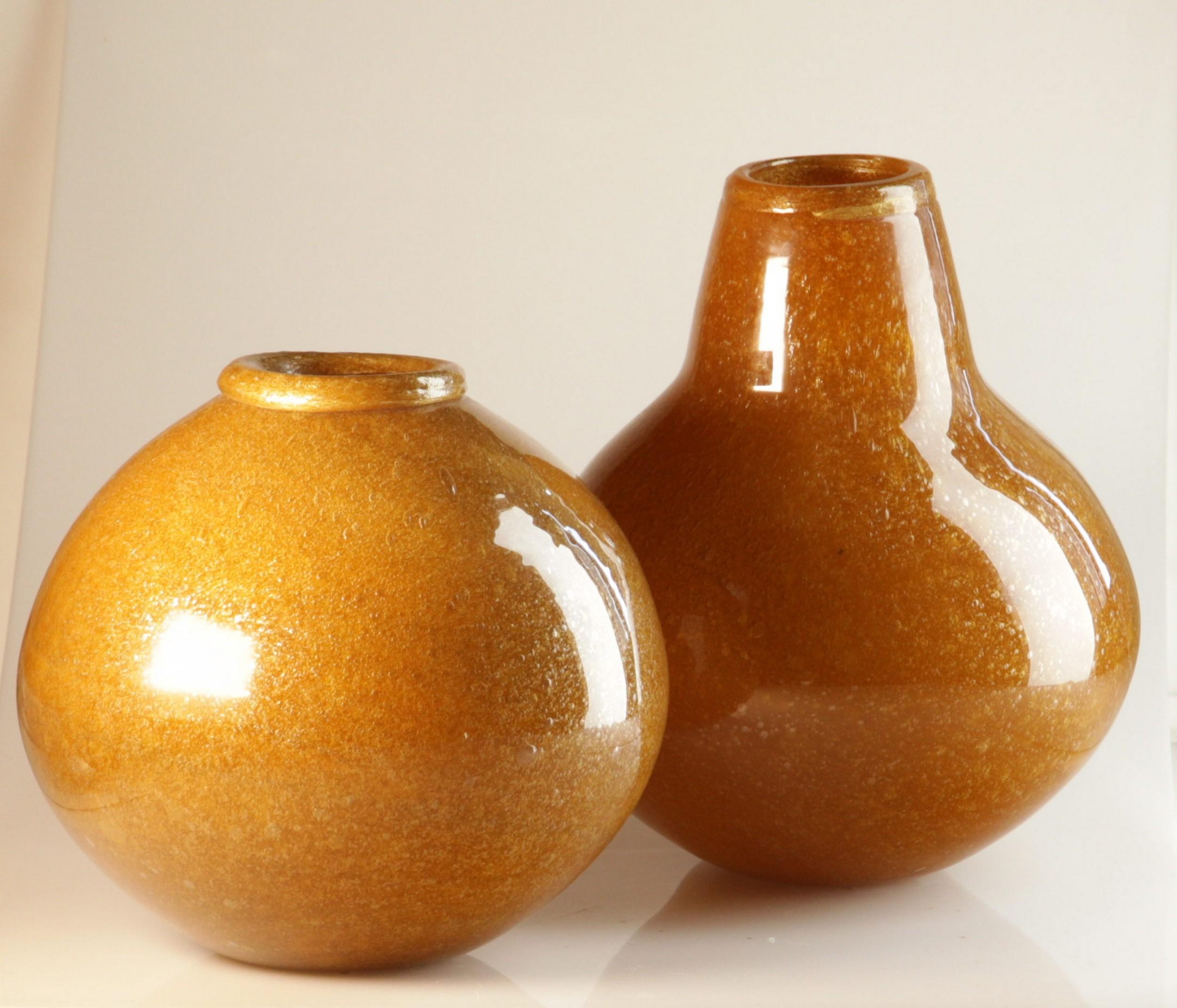 Mid-Century Modern Seguso for Bisazza Pair Mustard Murano Pulegoso Vase Gold Rim, 1993 Signed For Sale