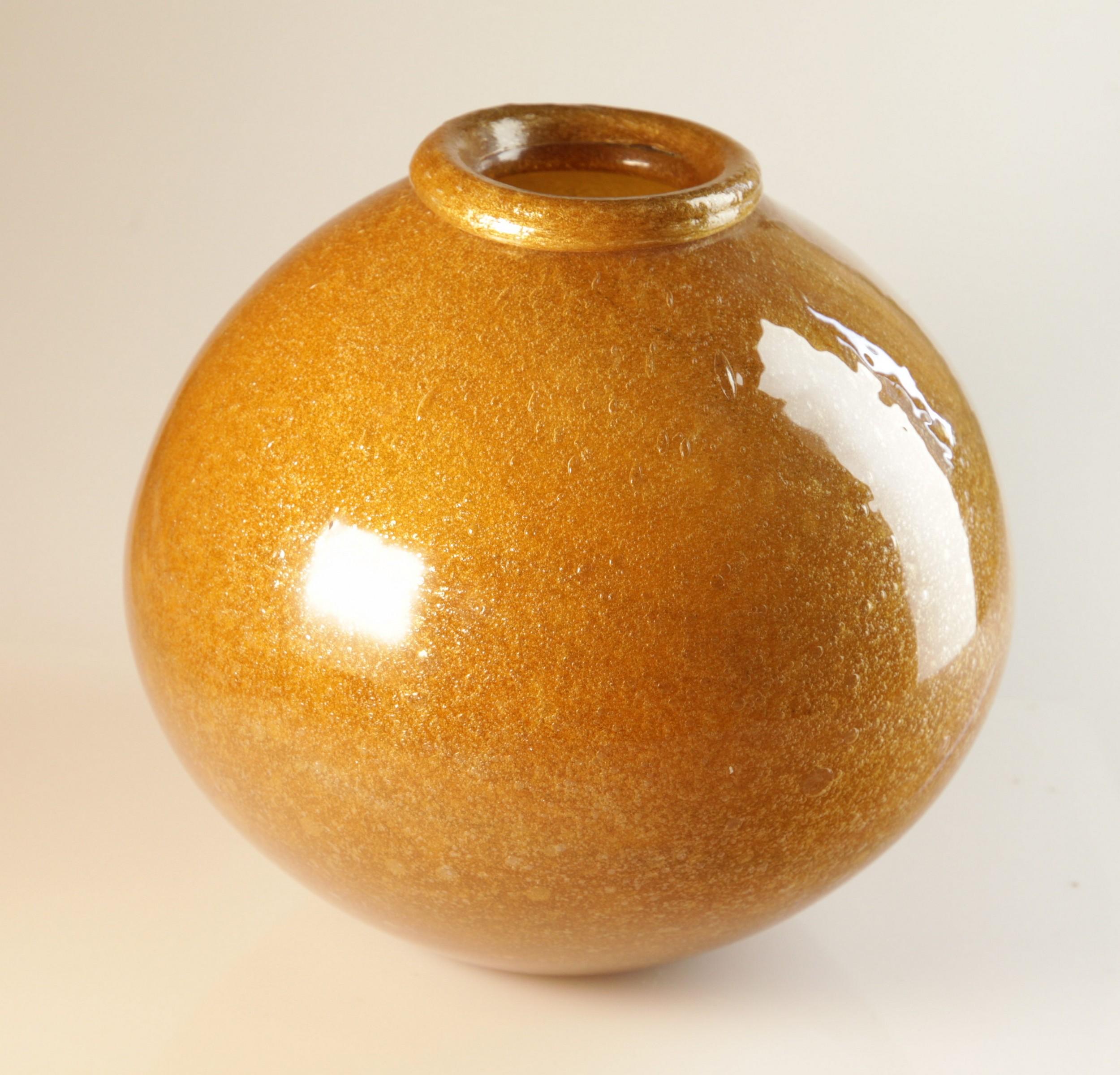 Italian Seguso for Bisazza Pair Mustard Murano Pulegoso Vase Gold Rim, 1993 Signed For Sale