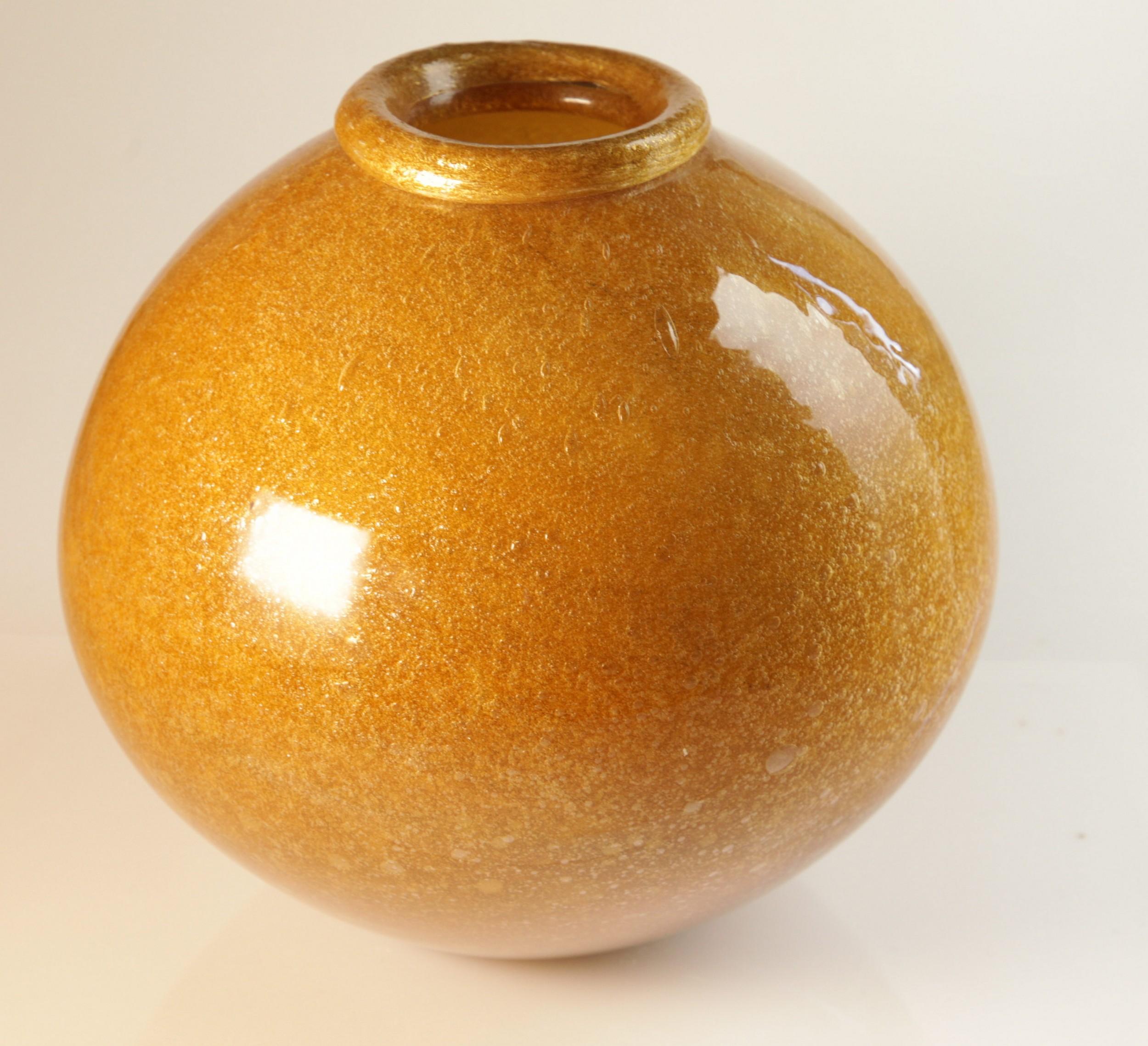 Late 20th Century Seguso for Bisazza Pair Mustard Murano Pulegoso Vase Gold Rim, 1993 Signed For Sale