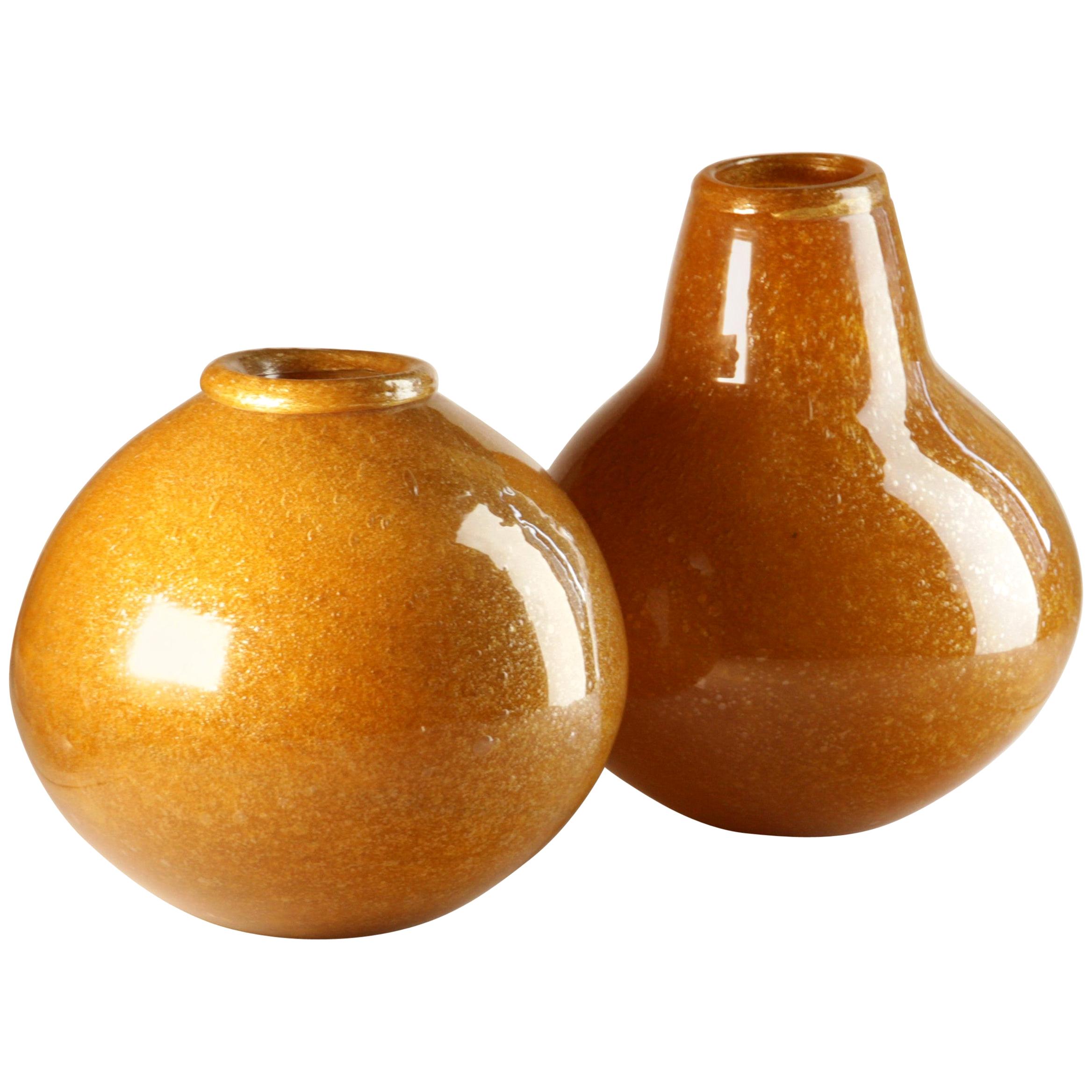 Seguso for Bisazza Pair Mustard Murano Pulegoso Vase Gold Rim, 1993 Signed For Sale