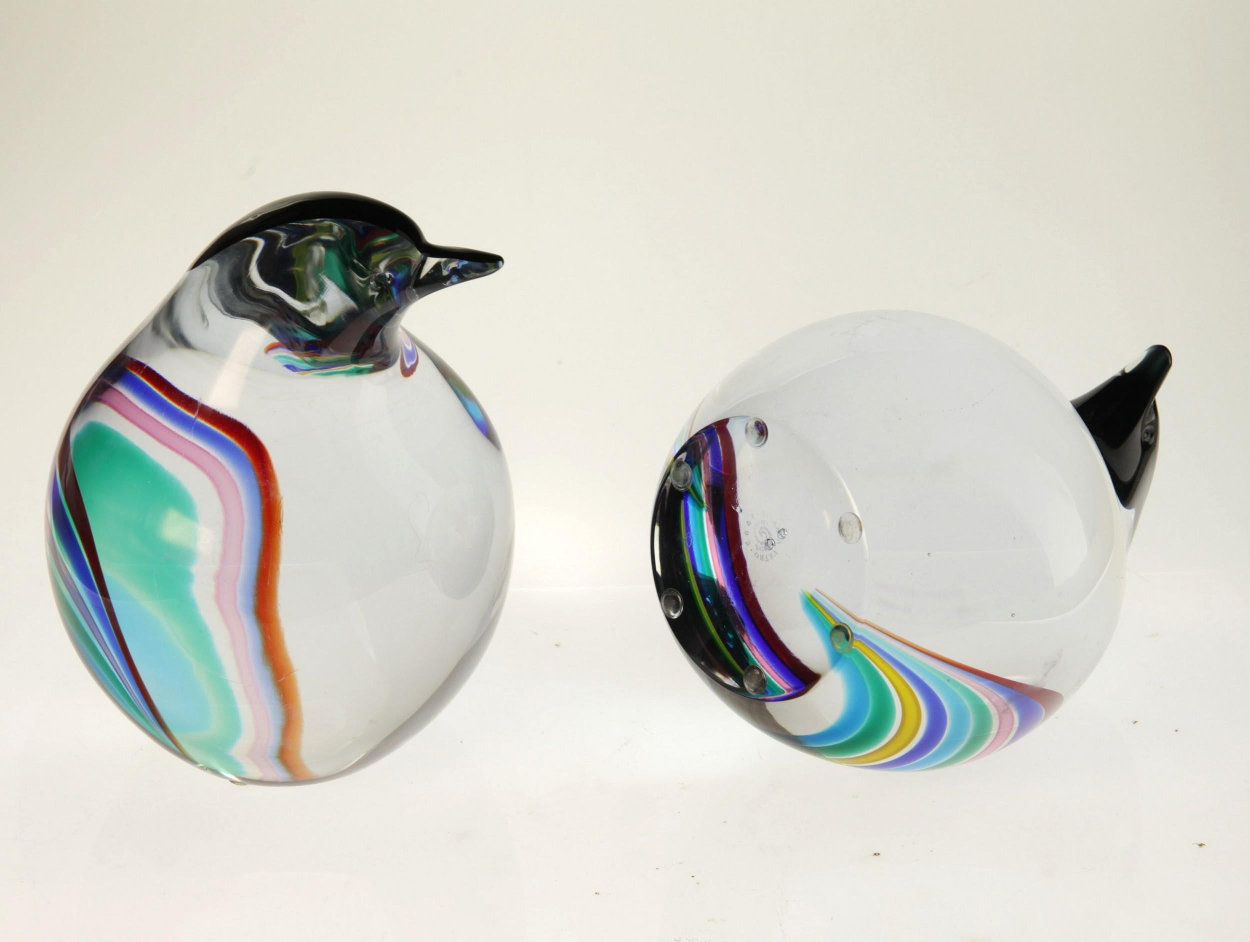 Seguso for Bisazza, Pair of Penguin Chicks with Rainbow Canes 1993 Signed 9