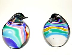 Seguso for Bisazza, Pair of Penguin Chicks with Rainbow Canes 1993 Signed