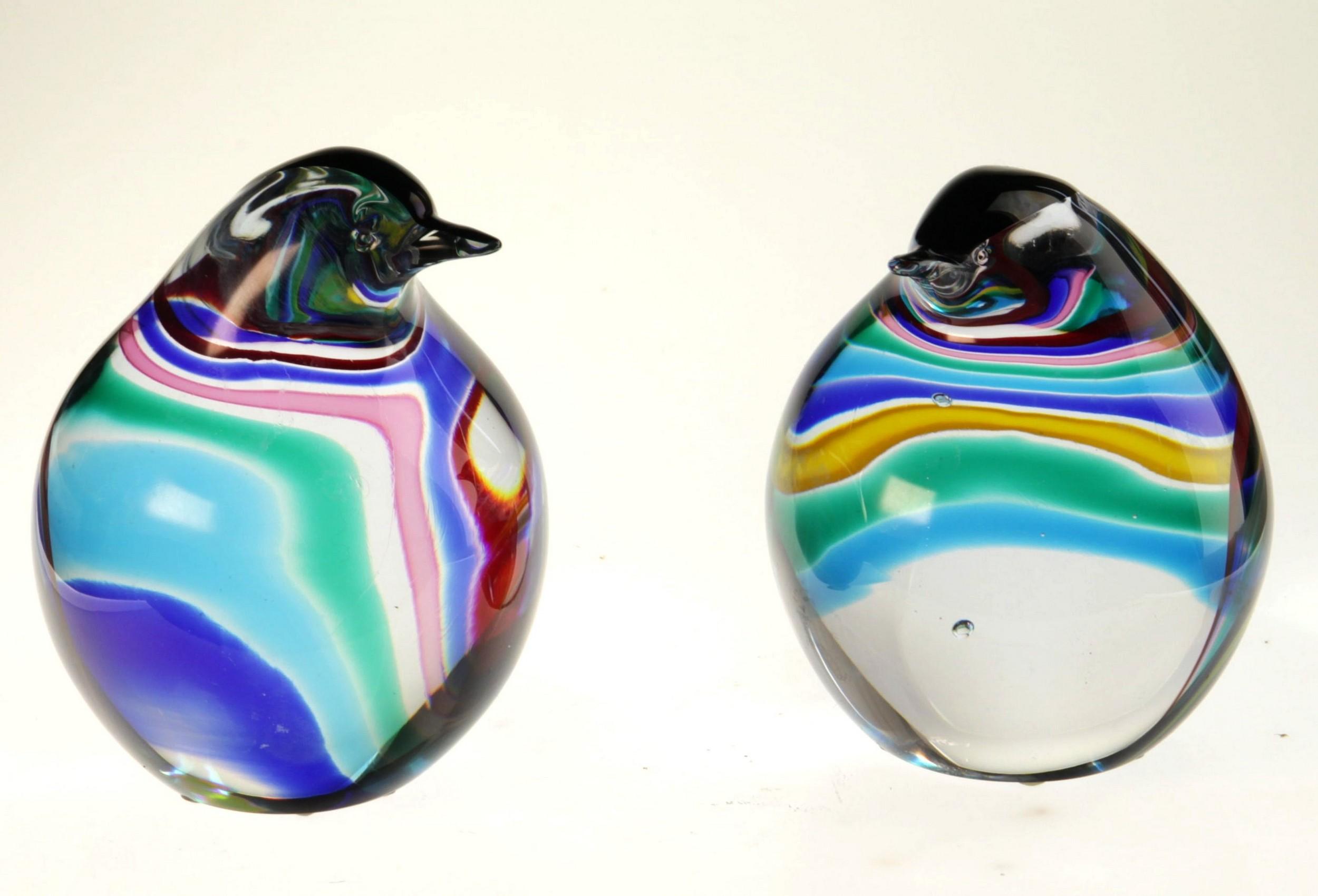Italian Seguso for Bisazza, Pair of Penguin Chicks with Rainbow Canes 1993 Signed