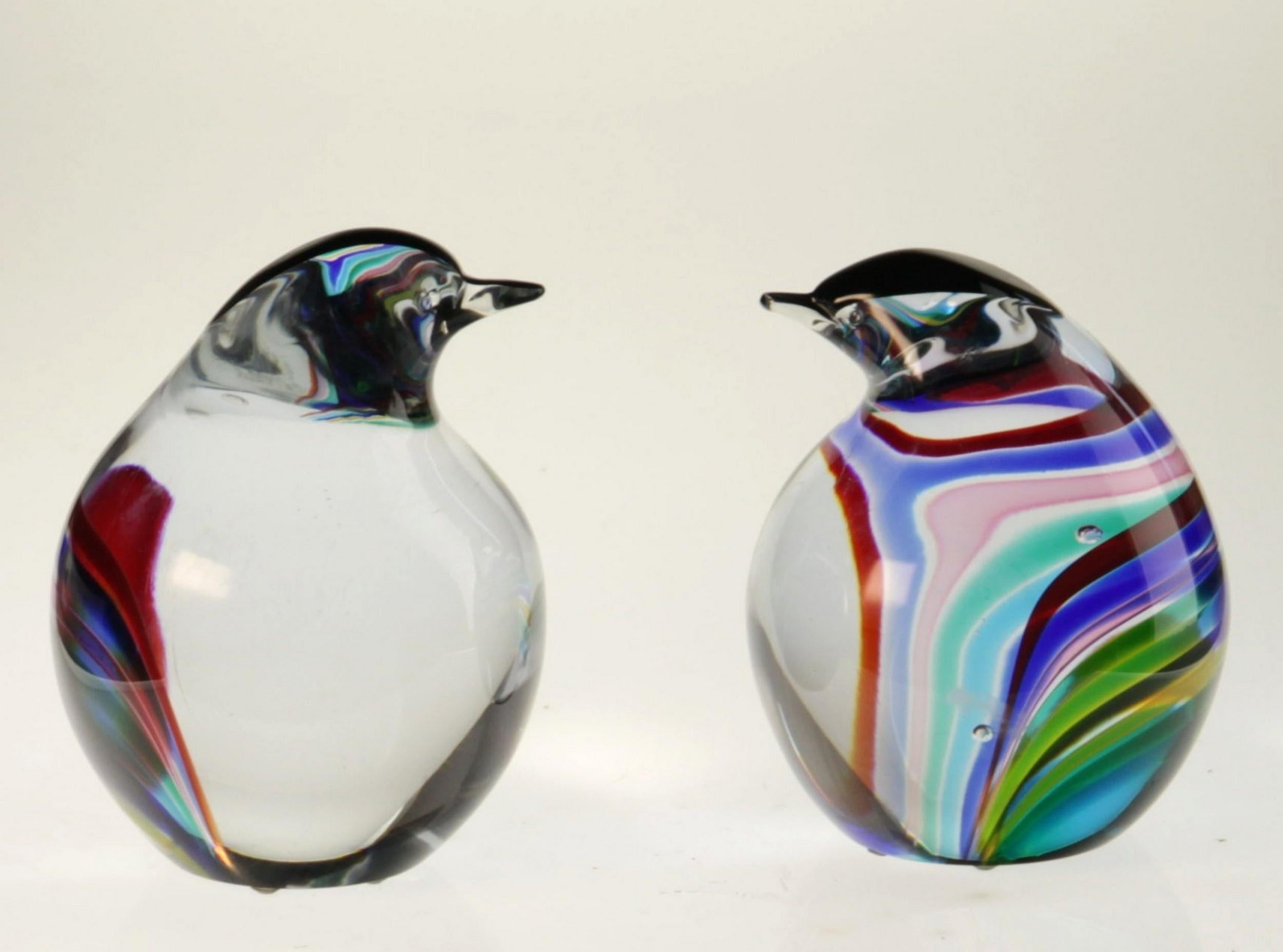 Late 20th Century Seguso for Bisazza, Pair of Penguin Chicks with Rainbow Canes 1993 Signed