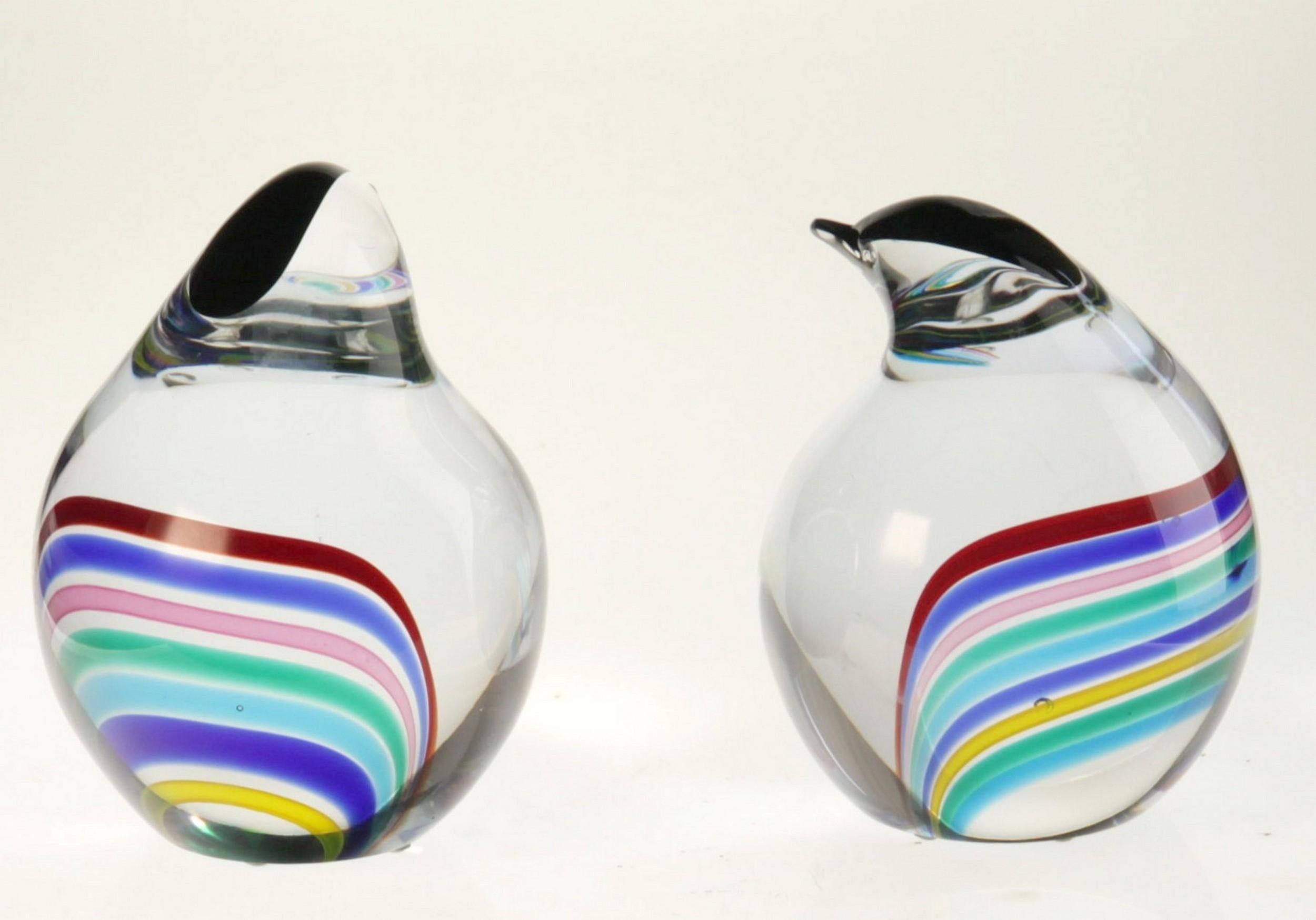 Art Glass Seguso for Bisazza, Pair of Penguin Chicks with Rainbow Canes 1993 Signed