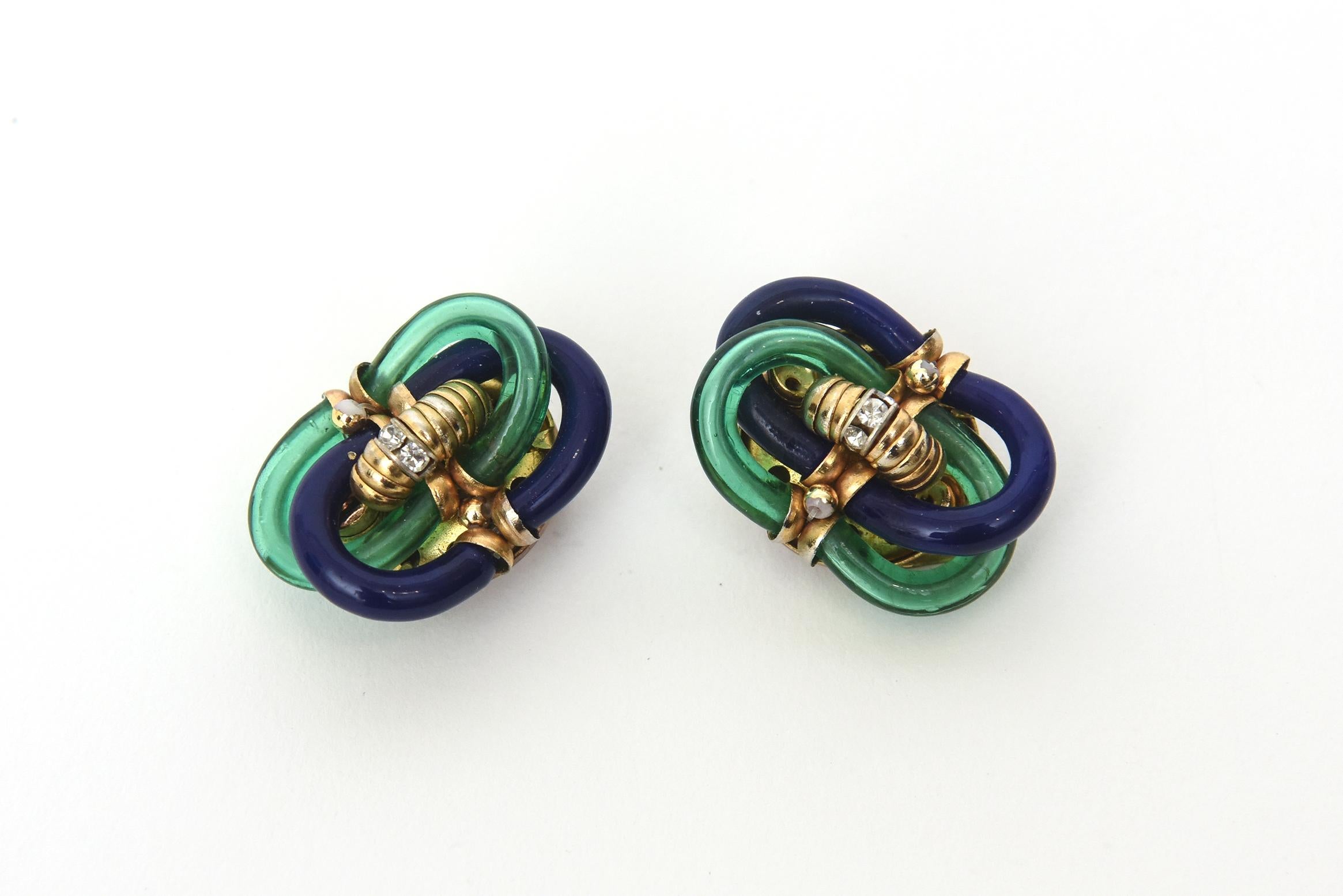 Seguso For Chanel Twisted Blue and Green Glass, Rhinestone Clip On Earrings  For Sale 2