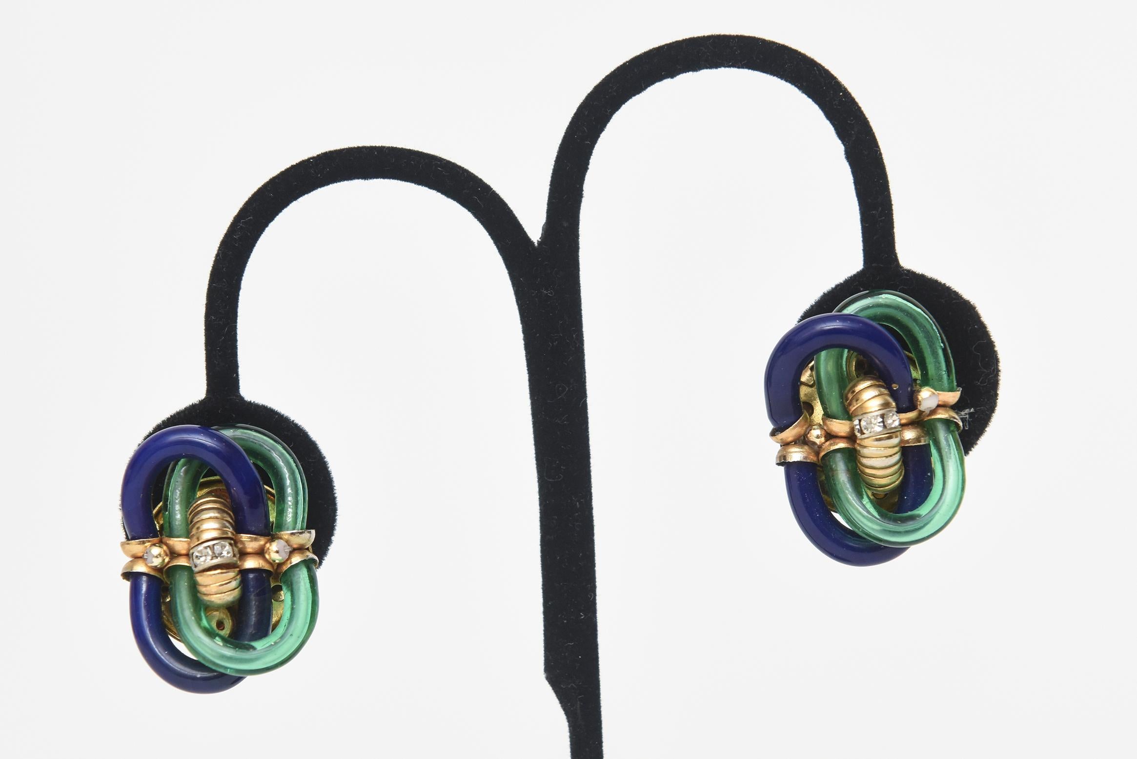 Seguso für Chanel gedrehtes blaues und grünes Glas, Strass-Ohrclips mit Strass  im Angebot 4