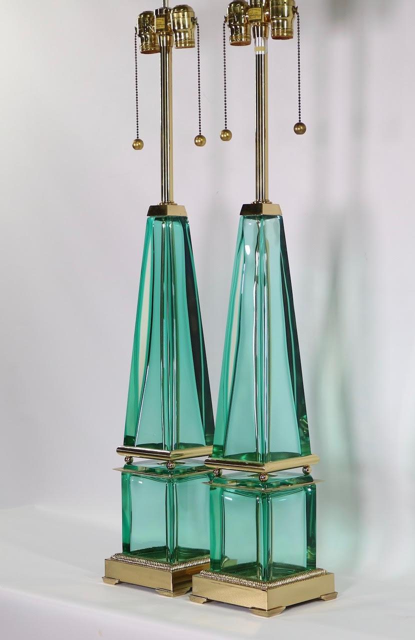Seguso for Marbro Hollywood Regency Murano Aqua Glass Obelisk Lamps 4