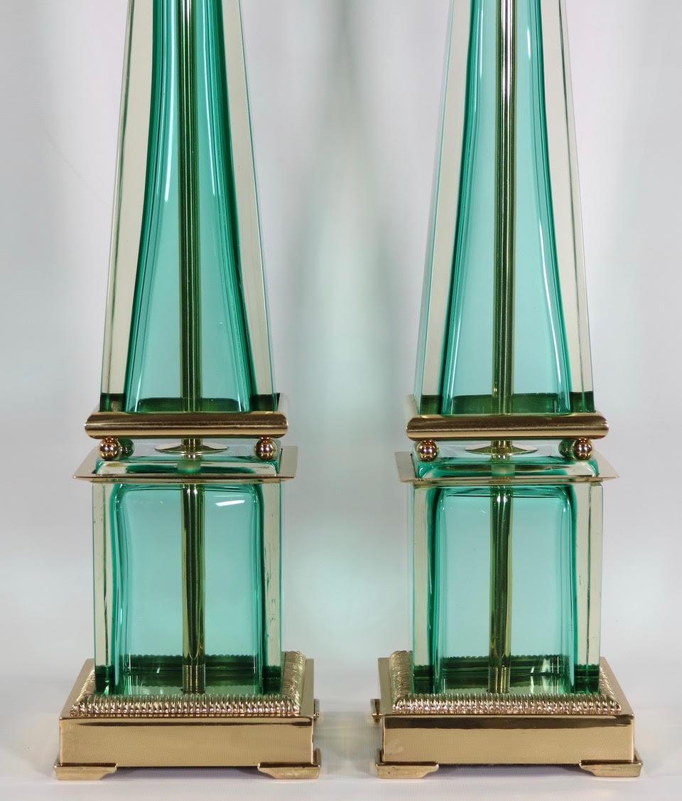 Italian Seguso for Marbro Hollywood Regency Murano Aqua Glass Obelisk Lamps