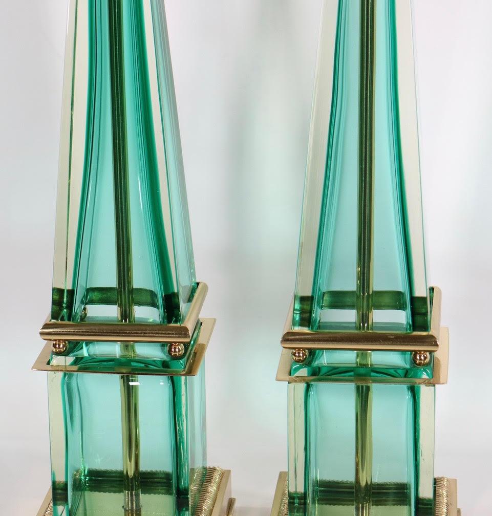 Seguso for Marbro Hollywood Regency Murano Aqua Glass Obelisk Lamps In Excellent Condition In New York, NY