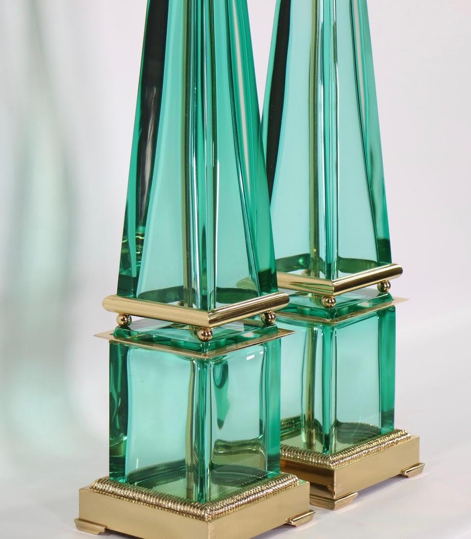 Mid-20th Century Seguso for Marbro Hollywood Regency Murano Aqua Glass Obelisk Lamps