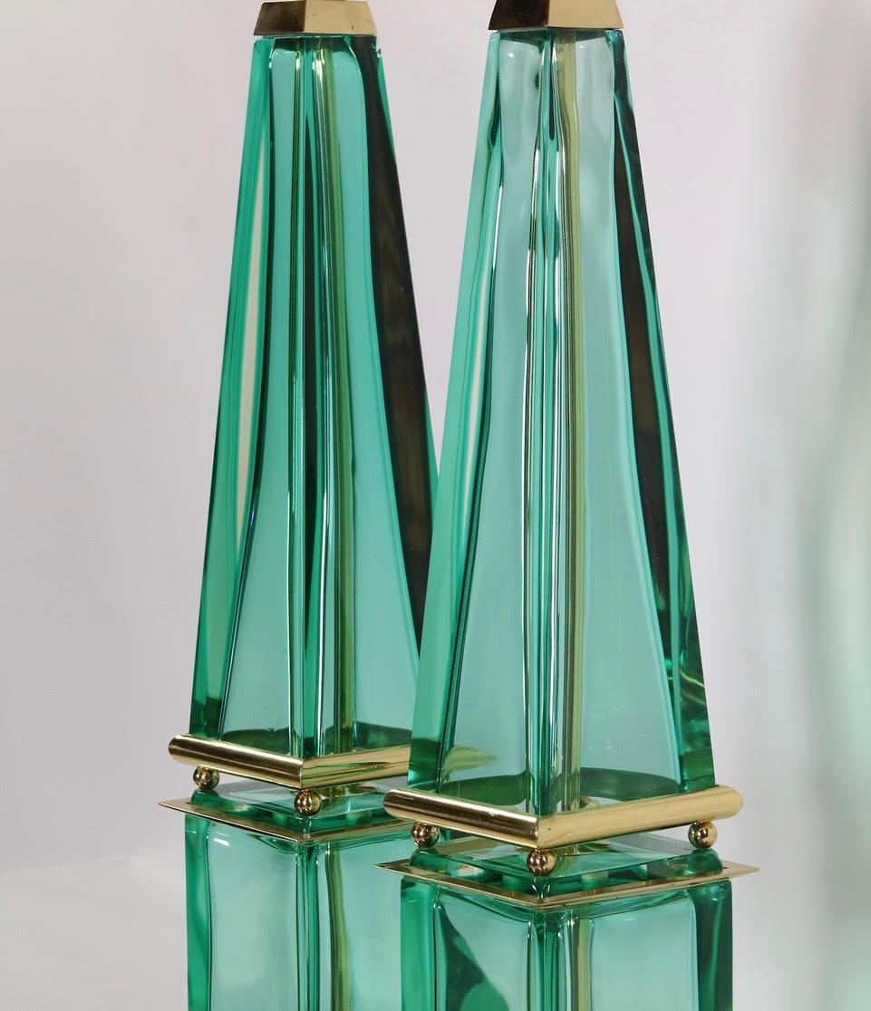 Brass Seguso for Marbro Hollywood Regency Murano Aqua Glass Obelisk Lamps