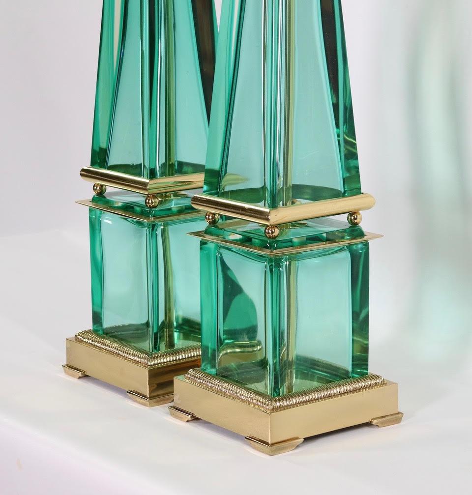 Seguso for Marbro Hollywood Regency Murano Aqua Glass Obelisk Lamps 1