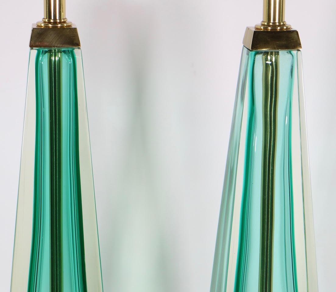 Seguso for Marbro Hollywood Regency Murano Aqua Glass Obelisk Lamps 2