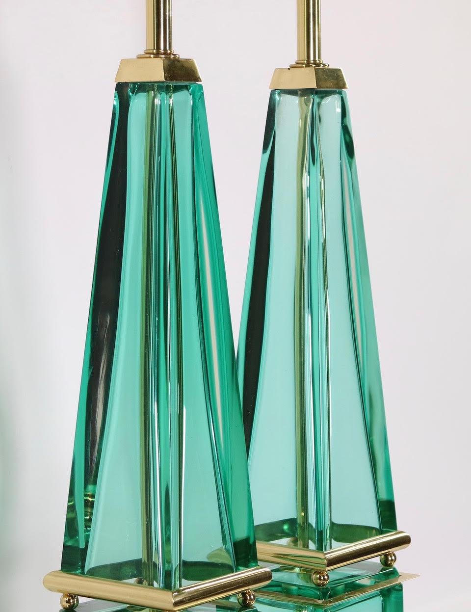 Seguso for Marbro Hollywood Regency Murano Aqua Glass Obelisk Lamps 3