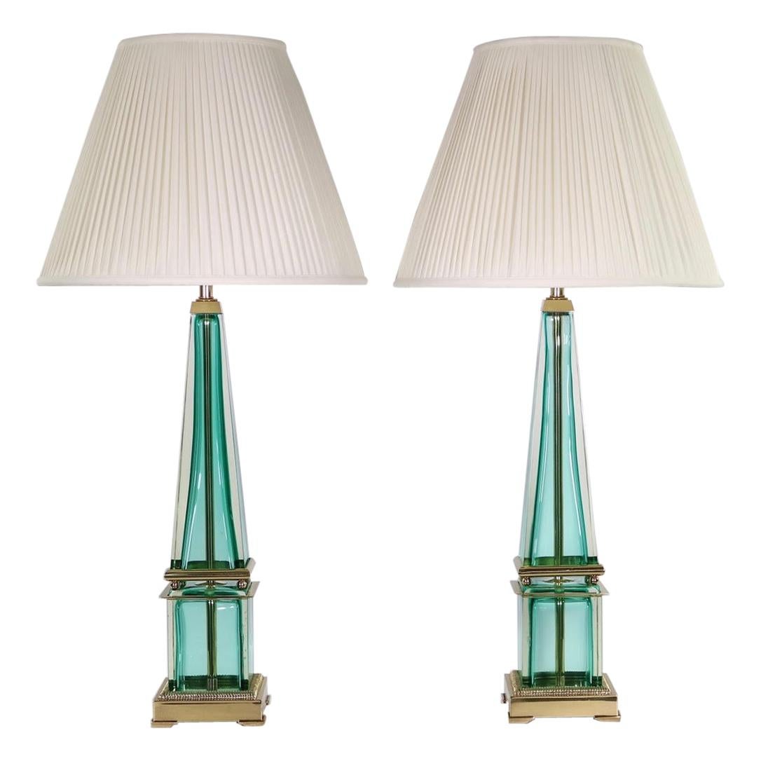 Seguso for Marbro Hollywood Regency Murano Aqua Glass Obelisk Lamps