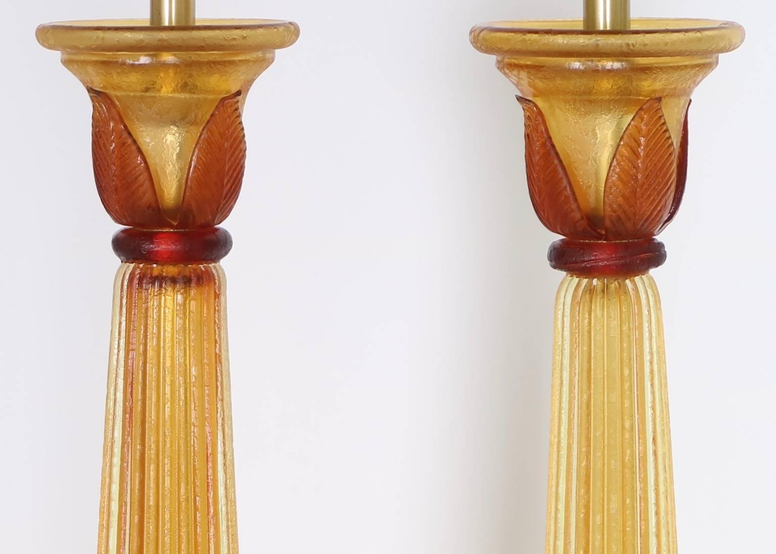 Seguso for Marbro Murano Glass Lamps in Amber Corroso In Excellent Condition In New York, NY