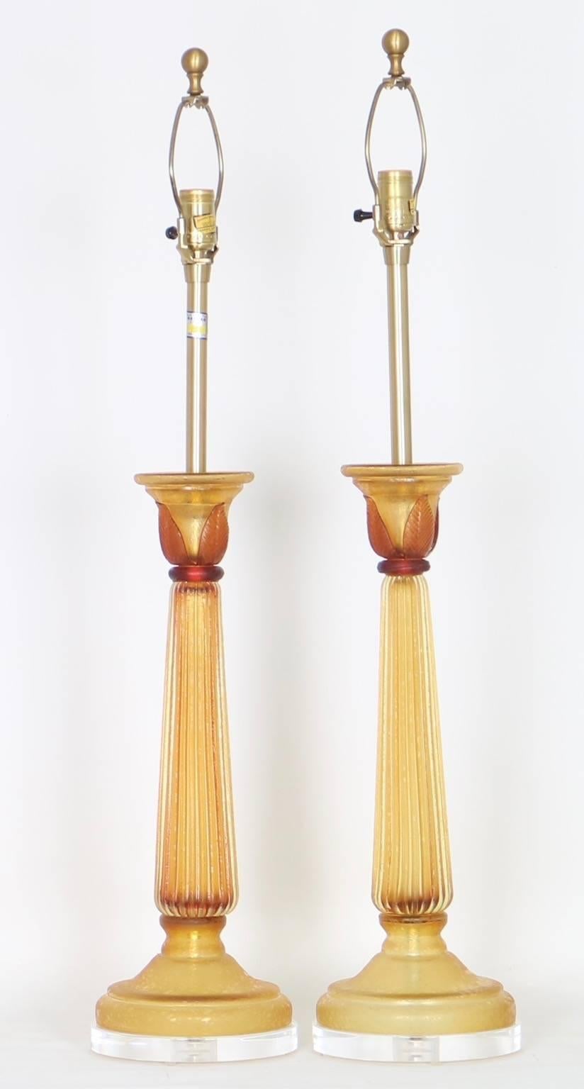 Seguso for Marbro Murano Glass Lamps in Amber Corroso 1