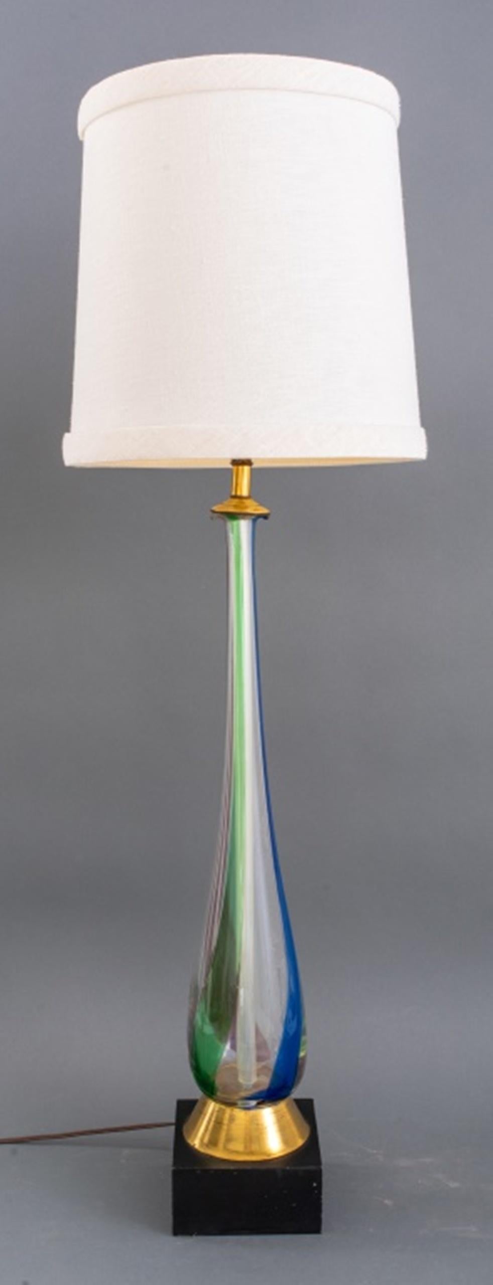 Pair of Seguso for Marbro Italian Mid-Century Modern monumental hand-blown polychrome Murano glass table lamps, raised on metal bases, apparently unmarked.

Dimensions: 45.5