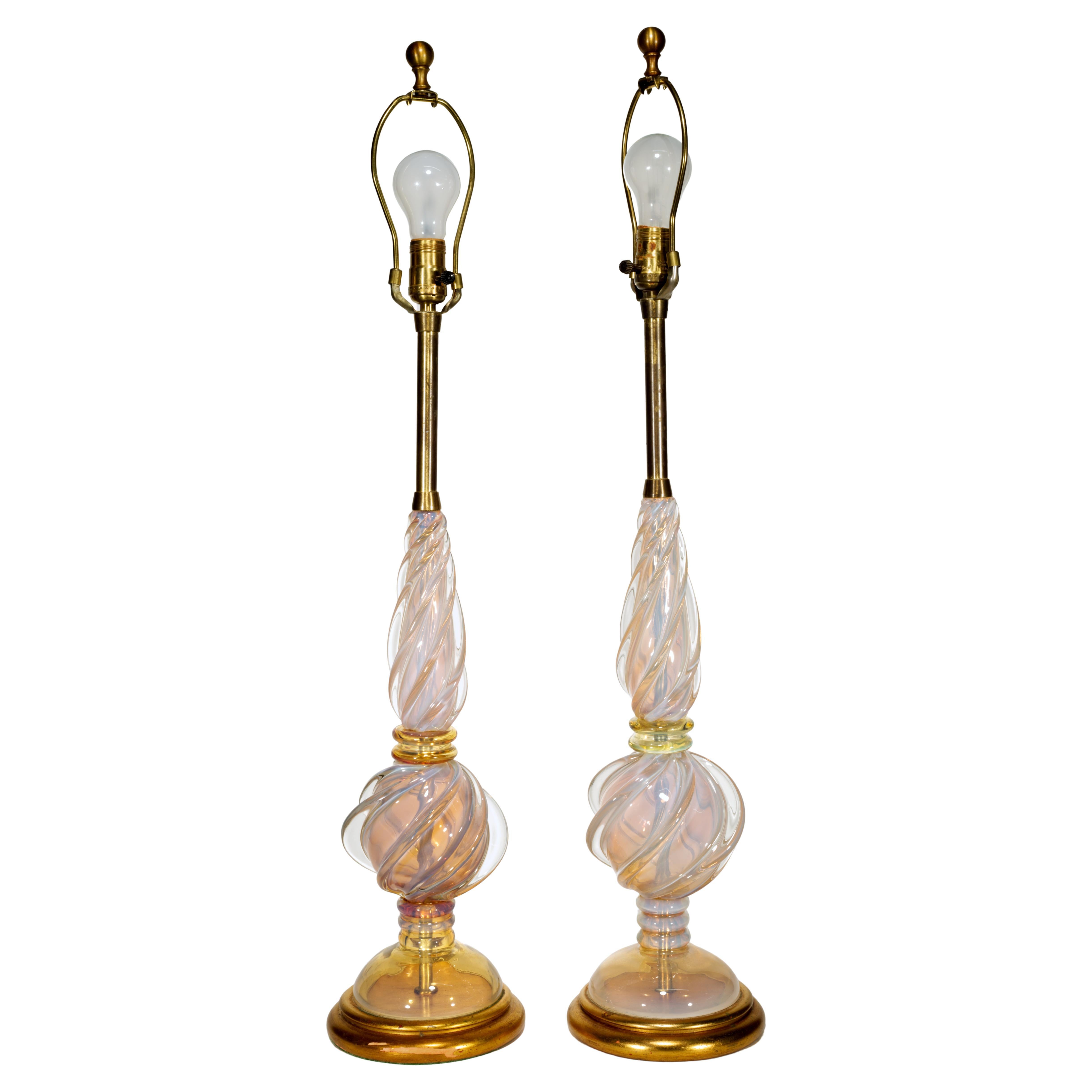 Seguso for Marbro Pair of Art Deco Opalescent Murano Glass Lamps, 1950s im Angebot