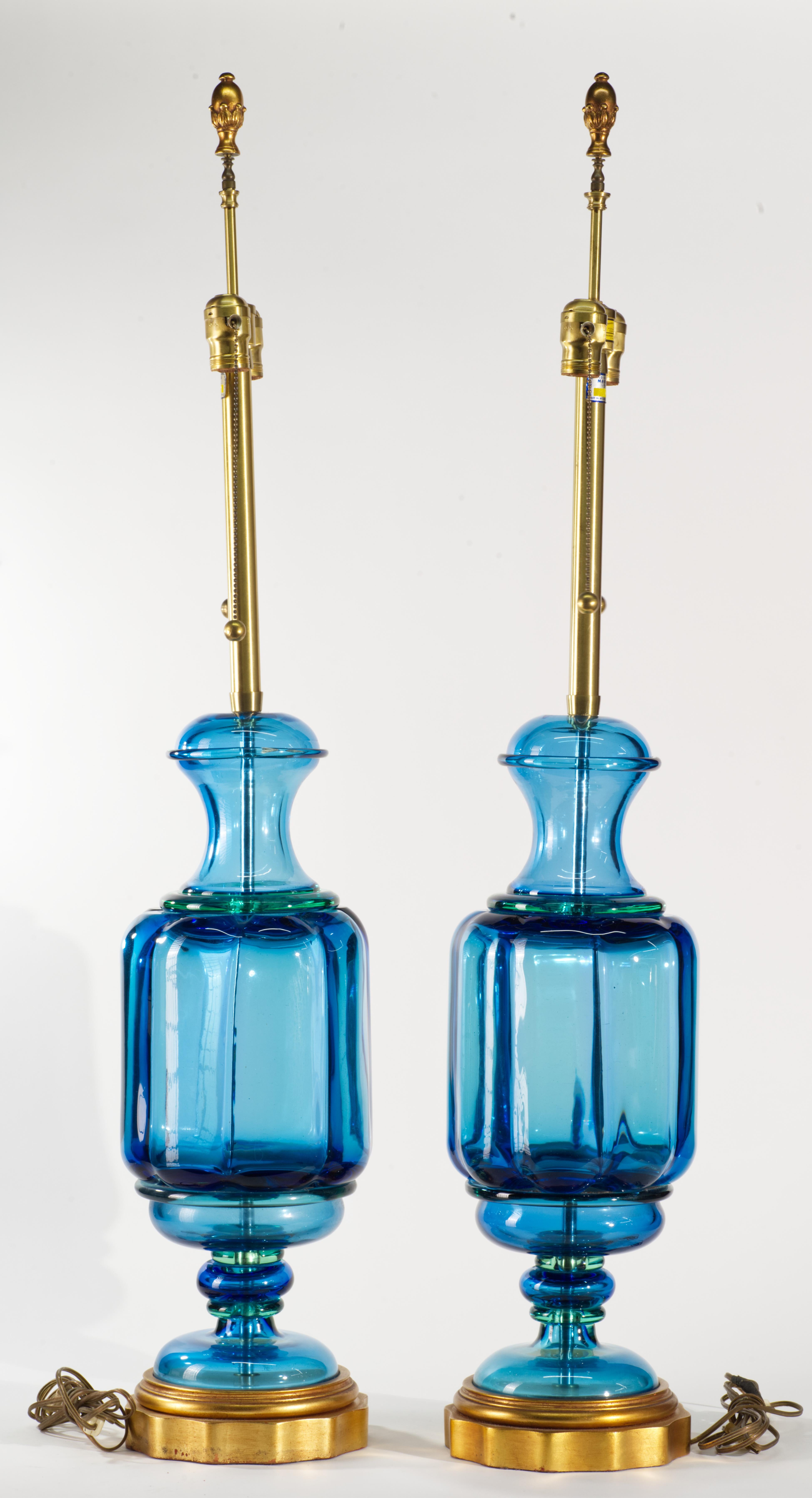 American Seguso for Marbro Pair of Huge Blue Murano Glass Lamps, 1960s For Sale