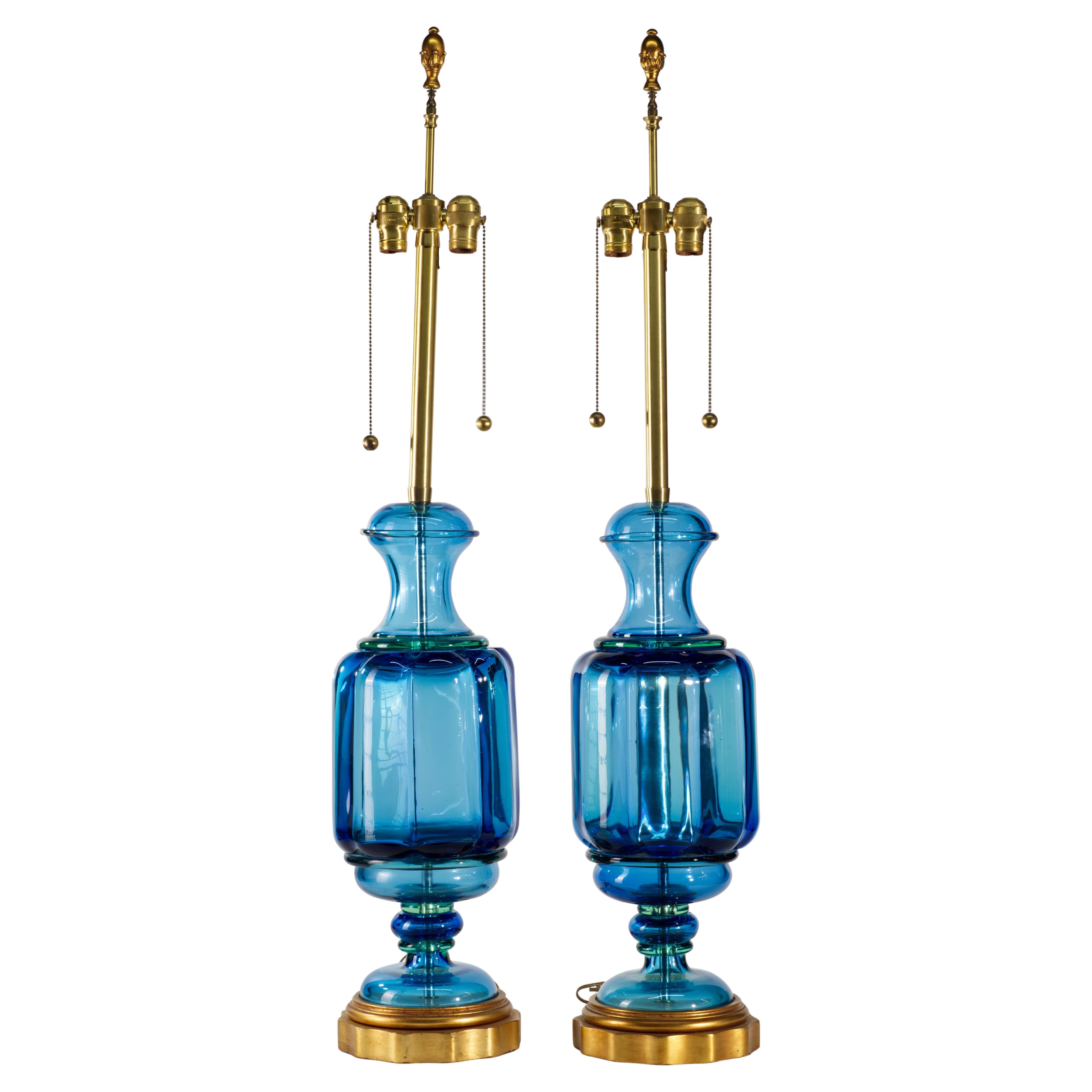 Seguso for Marbro Pair of Huge Blue Murano Glass Lamps, 1960s