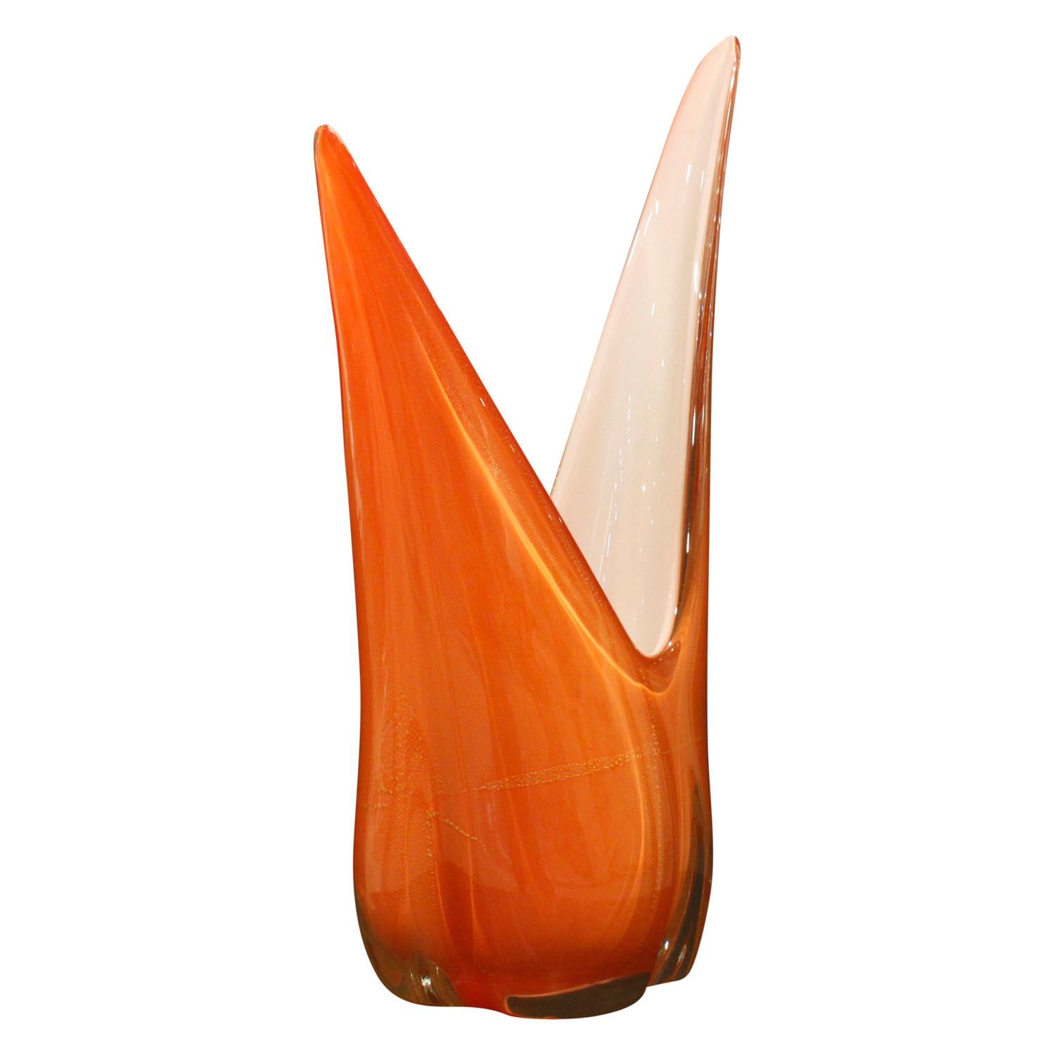 Large hand blown asymmetrical orange glass vase with gold foil by Seguso, Murano Italy, 1950s.