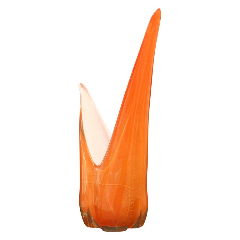 Seguso Hand Blown Orange Glass Vase with Gold Foil, 1950s at 1stDibs