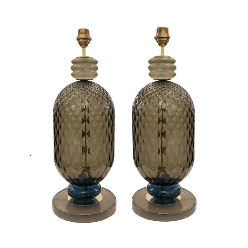 Mid-Century Modern Lampes de table en verre Murano Rigadin inspirées de Seguso. en vente