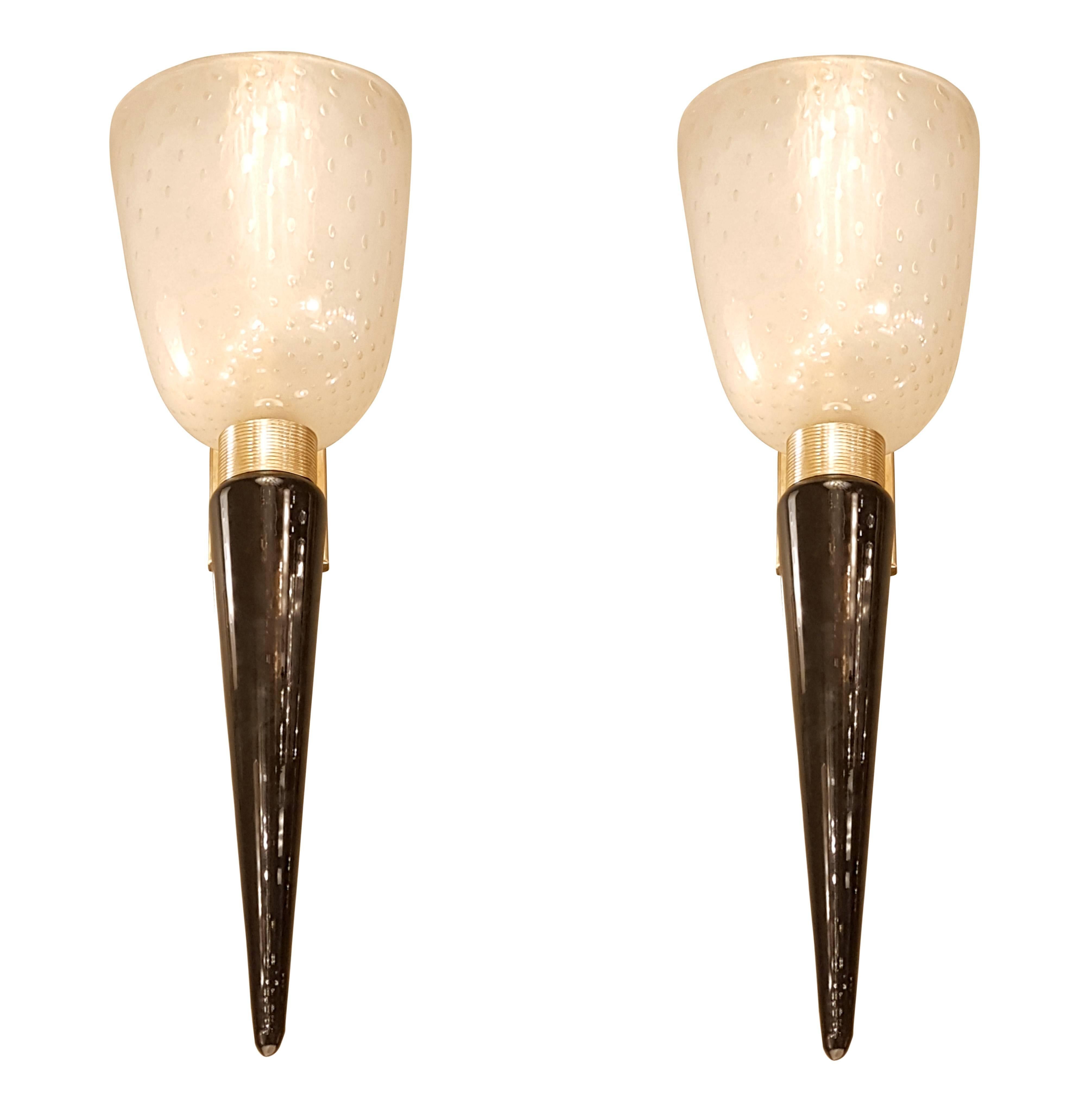 Seguso Italian Mid-Century Modern Pair of Brass, Black, Clear and Gold Murano