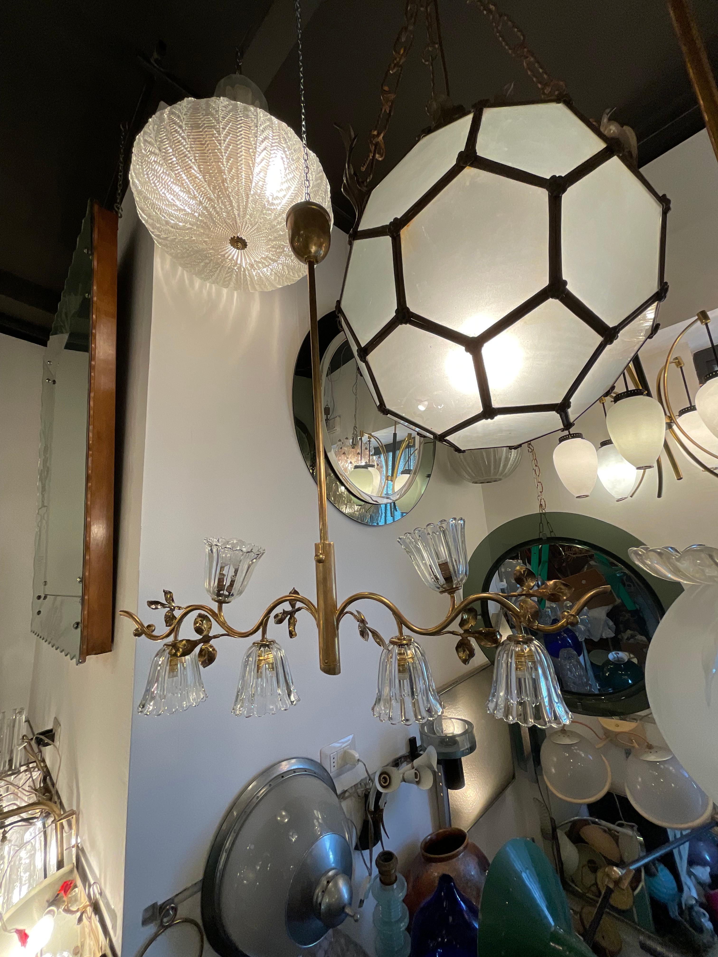 Ottone Seguso - Lampadario a 6 luci anni 40 vetro di murano e ottone in vendita