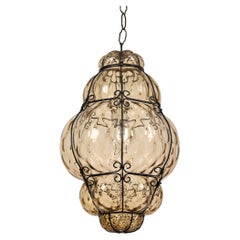Seguso Large Mouth-Blown Murano Amber Glass and Iron Lantern Pendant, Italy 1940