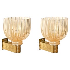 Seguso Großes Paar Blumenampeln aus Murano-Glas, Gold und Messing, Italien, 1950er Jahre