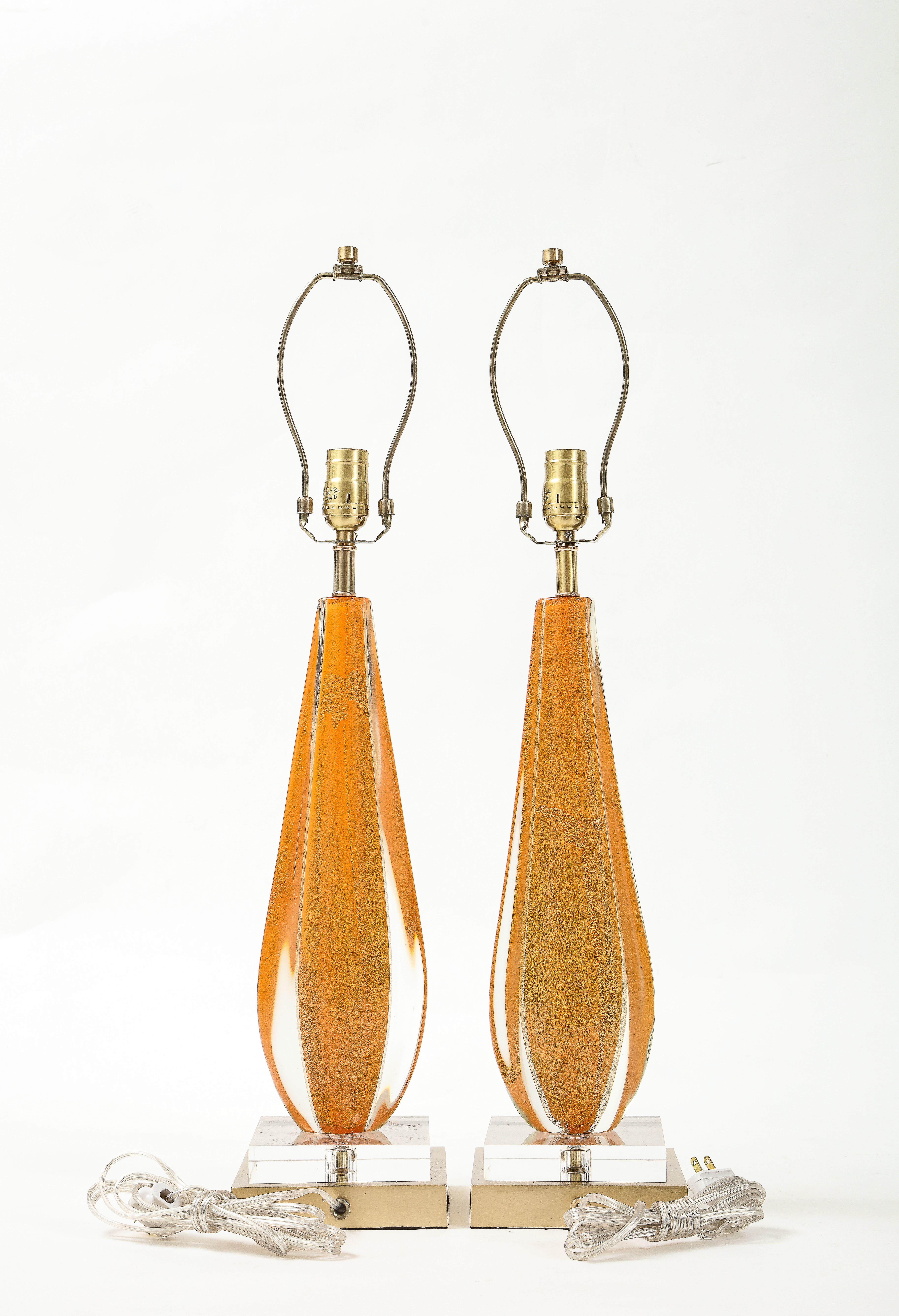 Italian Flavio Poli, Seguso Melon Color Murano Glass Lamps