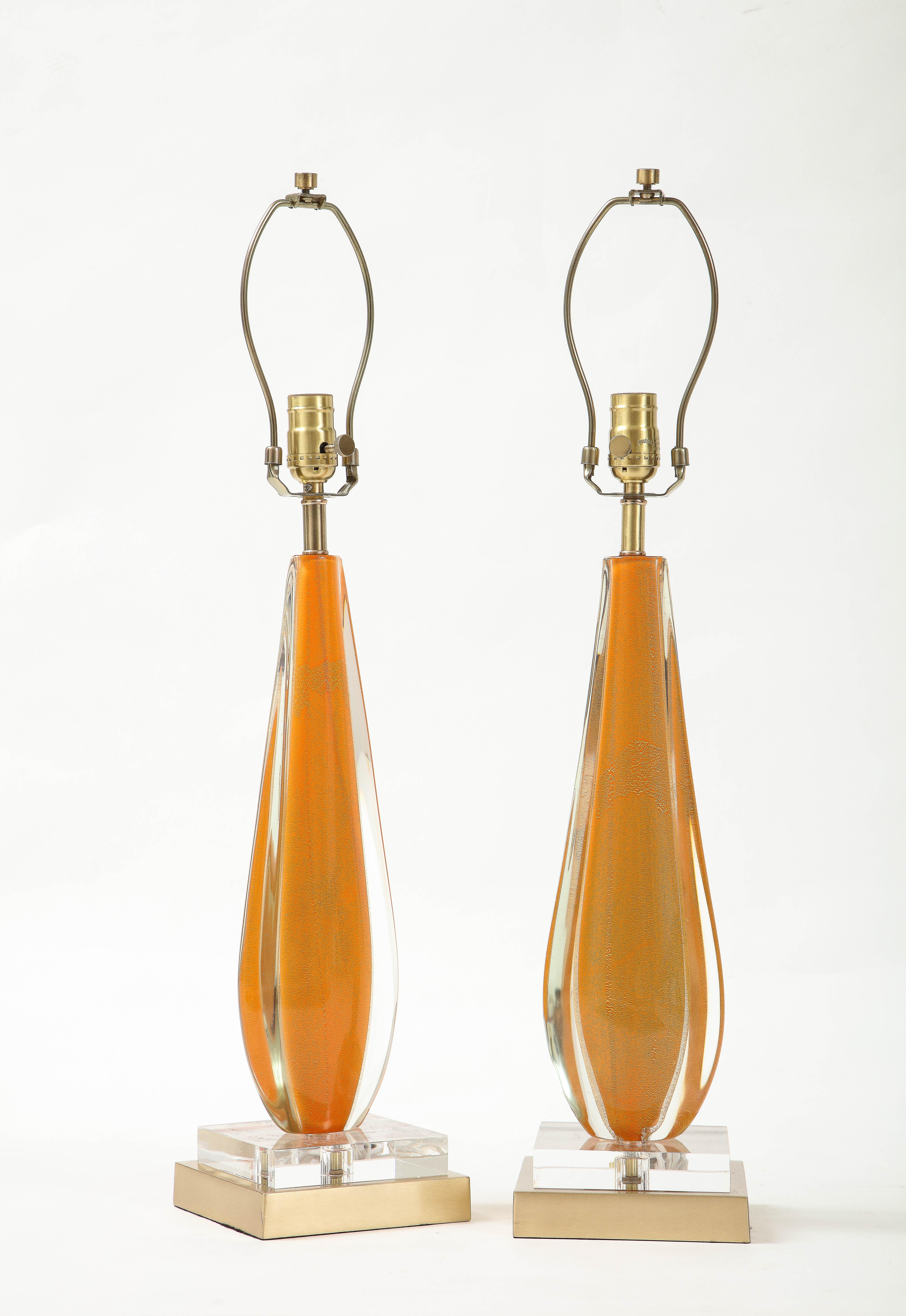 Flavio Poli, Seguso Melon Color Murano Glass Lamps In Excellent Condition In New York, NY