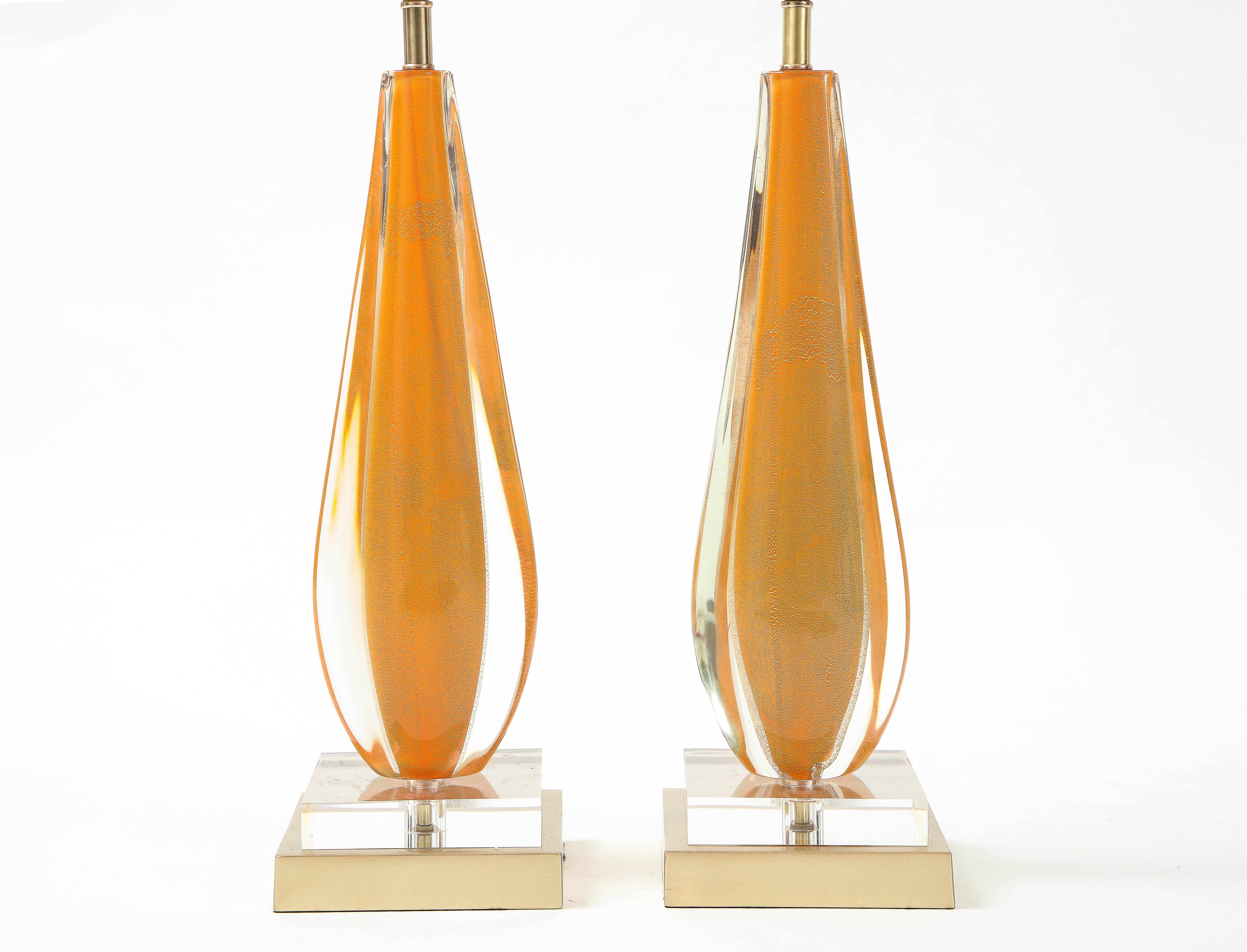 20th Century Flavio Poli, Seguso Melon Color Murano Glass Lamps