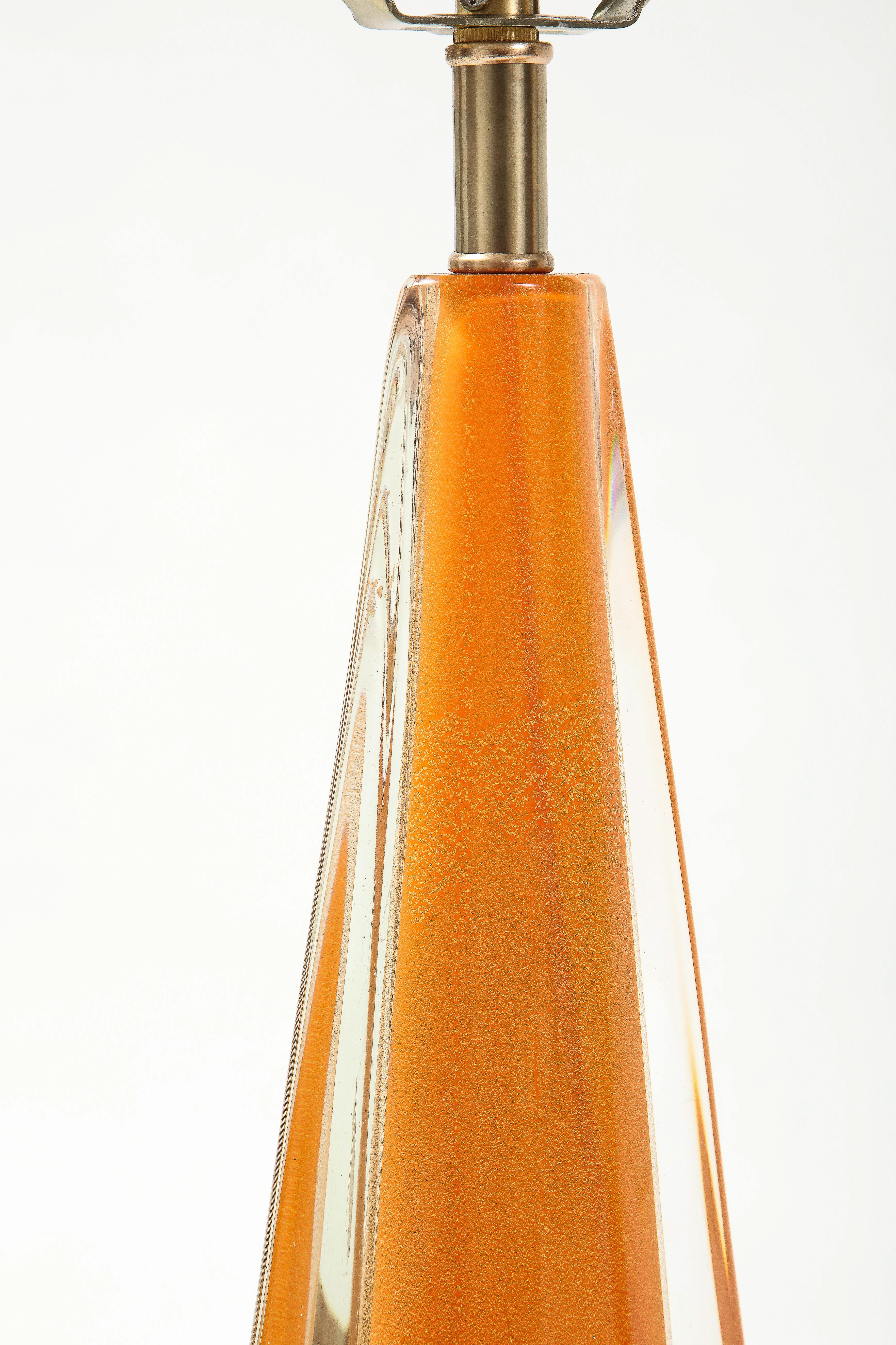 Brass Flavio Poli, Seguso Melon Color Murano Glass Lamps