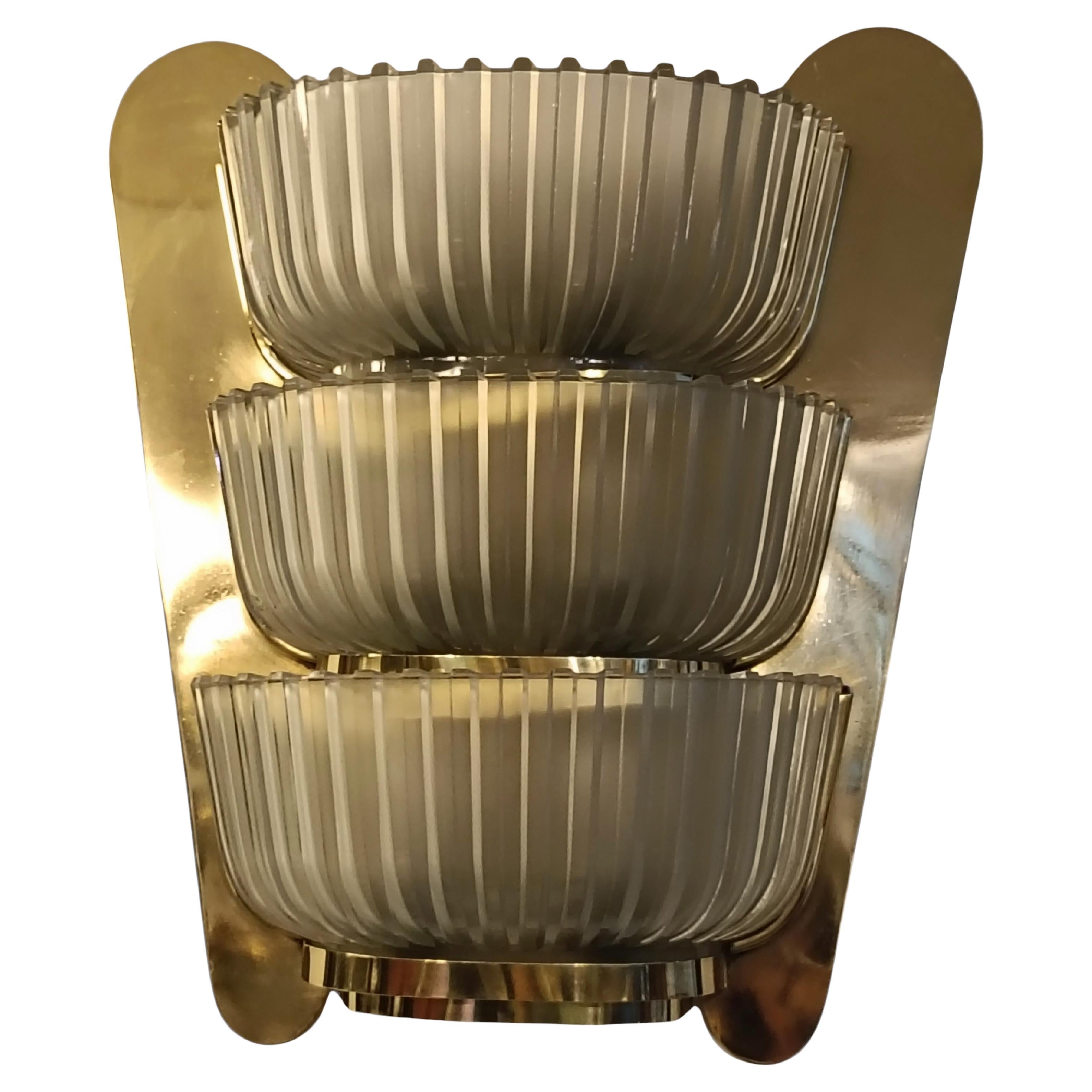 Seguso Meravigliosa Lampada da Parete in Ottone e Vetro Acidato, Italia 1930s