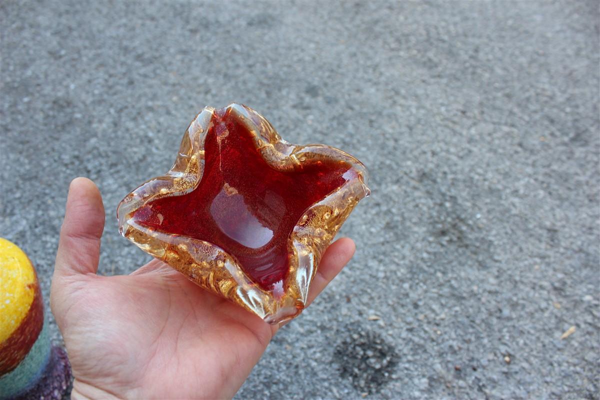 Murano Glass Seguso Midcentury Bowl Red Ruby Gold Dust Bubbles Inside, 1950s For Sale