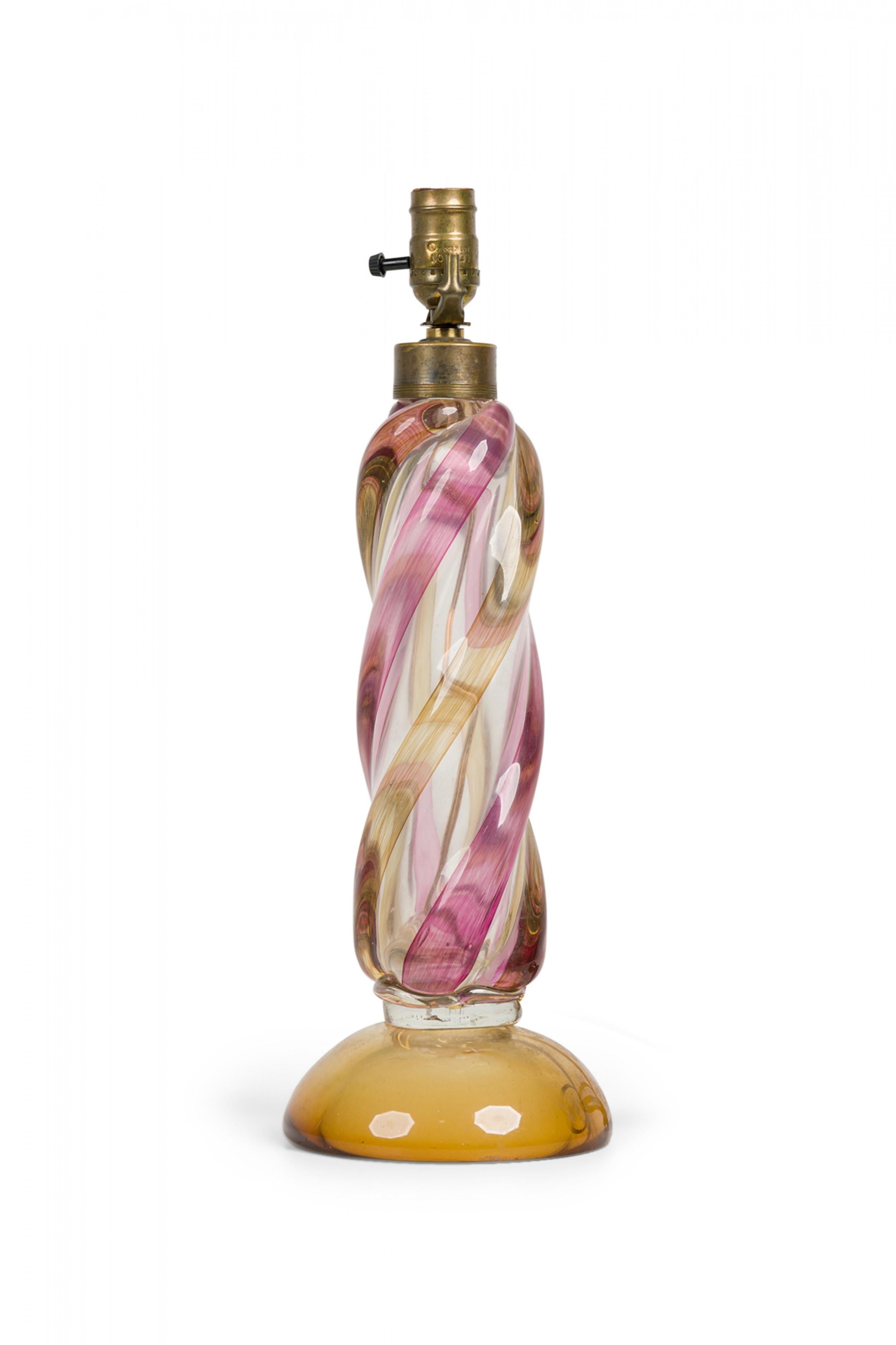 Metal Seguso Midcentury Italian Hand Blown Twisted Glass Orange and Pink Table Lamp For Sale