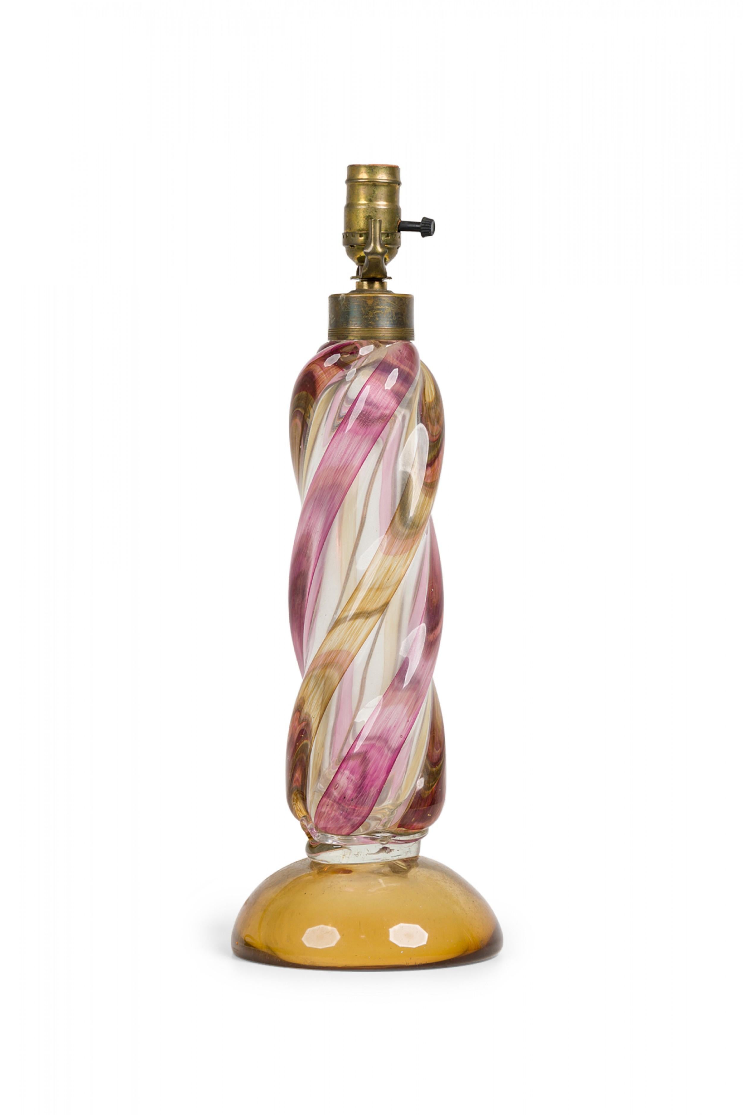 Seguso Midcentury Italian Hand Blown Twisted Glass Orange and Pink Table Lamp For Sale 1