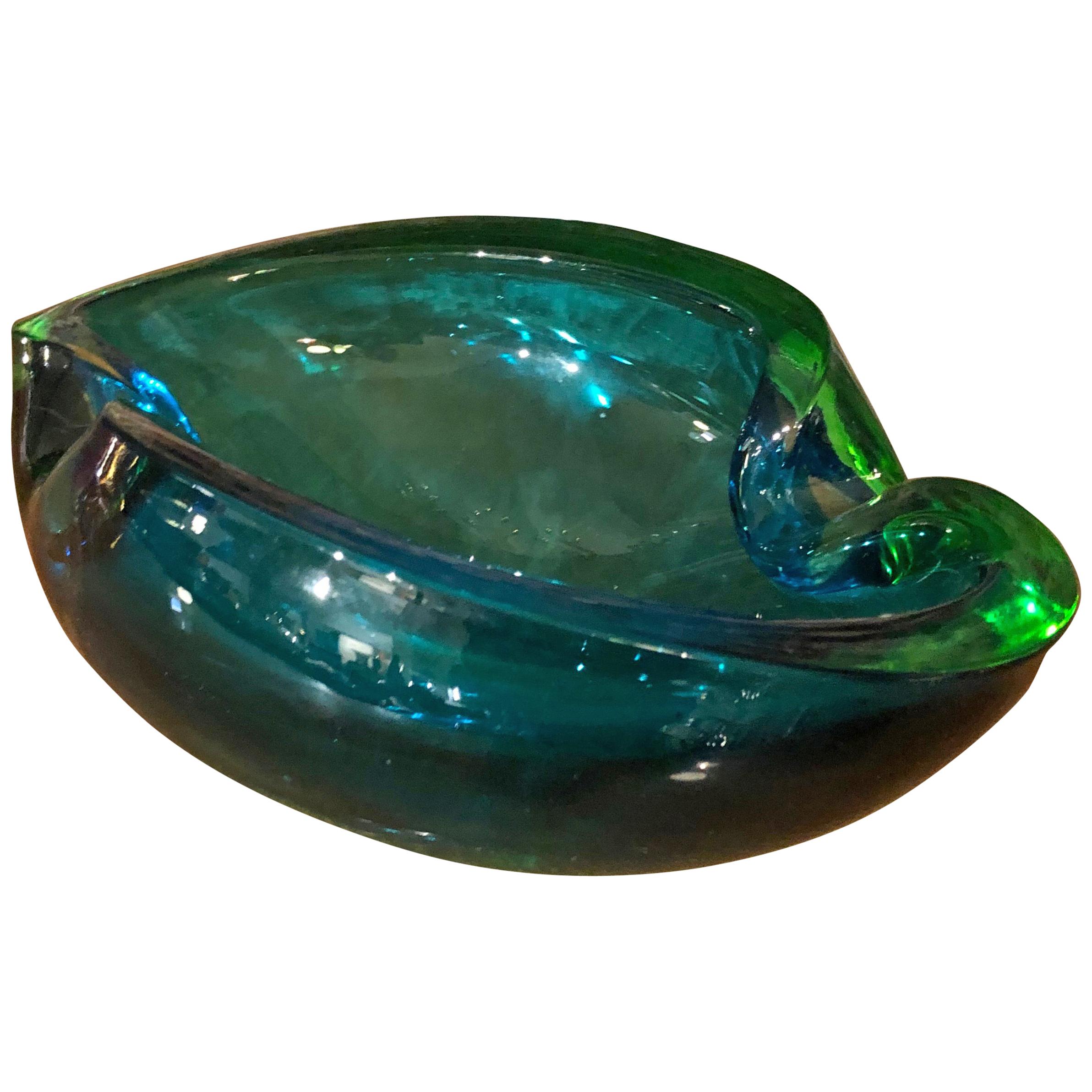 Seguso MidCentury Modern Italian Green and Blue Murano Glass Ashtray
