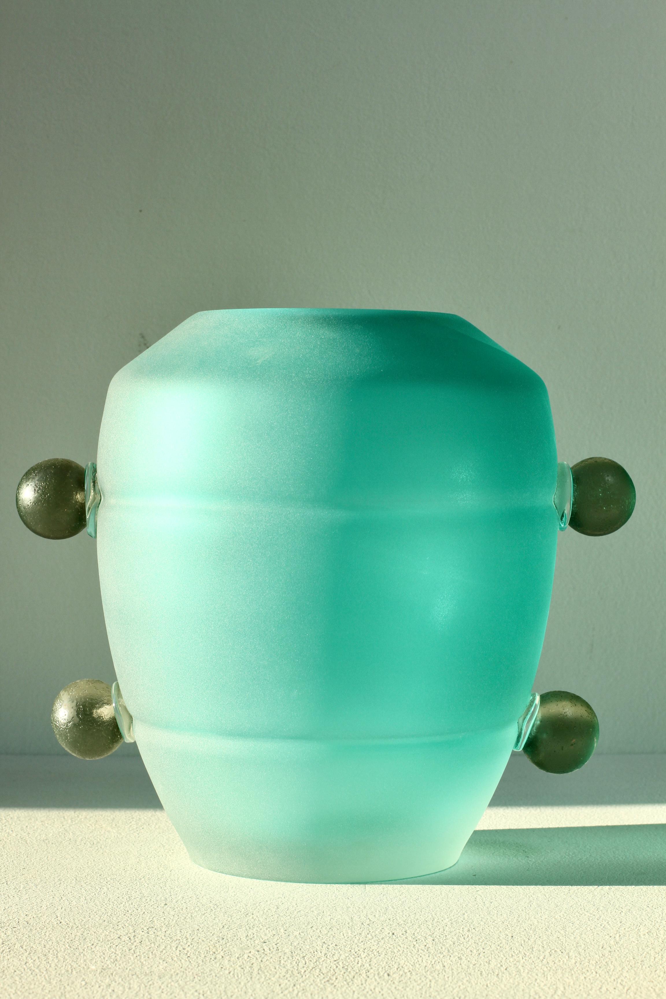 Sandblasted Seguso Mid-Century Modern Large Textured Italian Green Murano Glass Vase 1980s For Sale